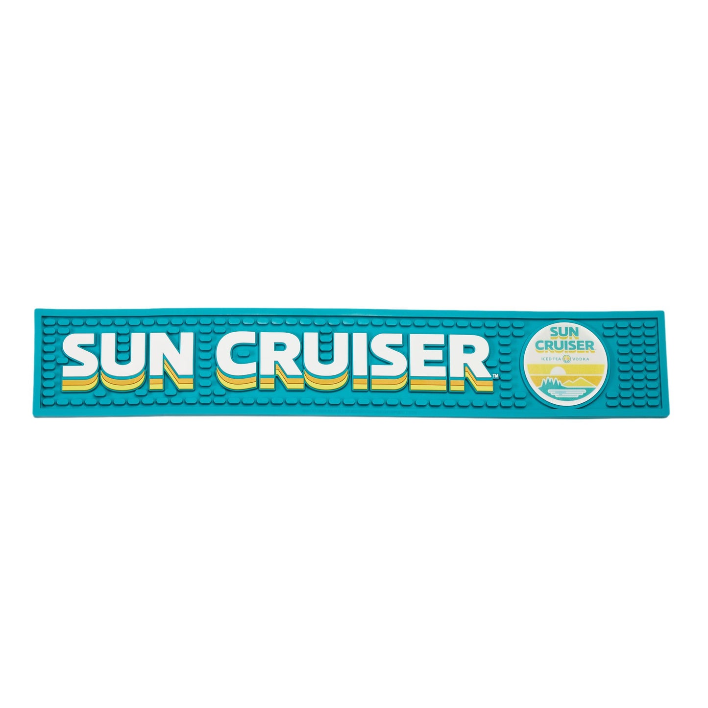 Blue bar mat featuring written Sun Cruiser logo along it. Featured on the right of the bar mat is the Sun Cruiser circle sun logo.