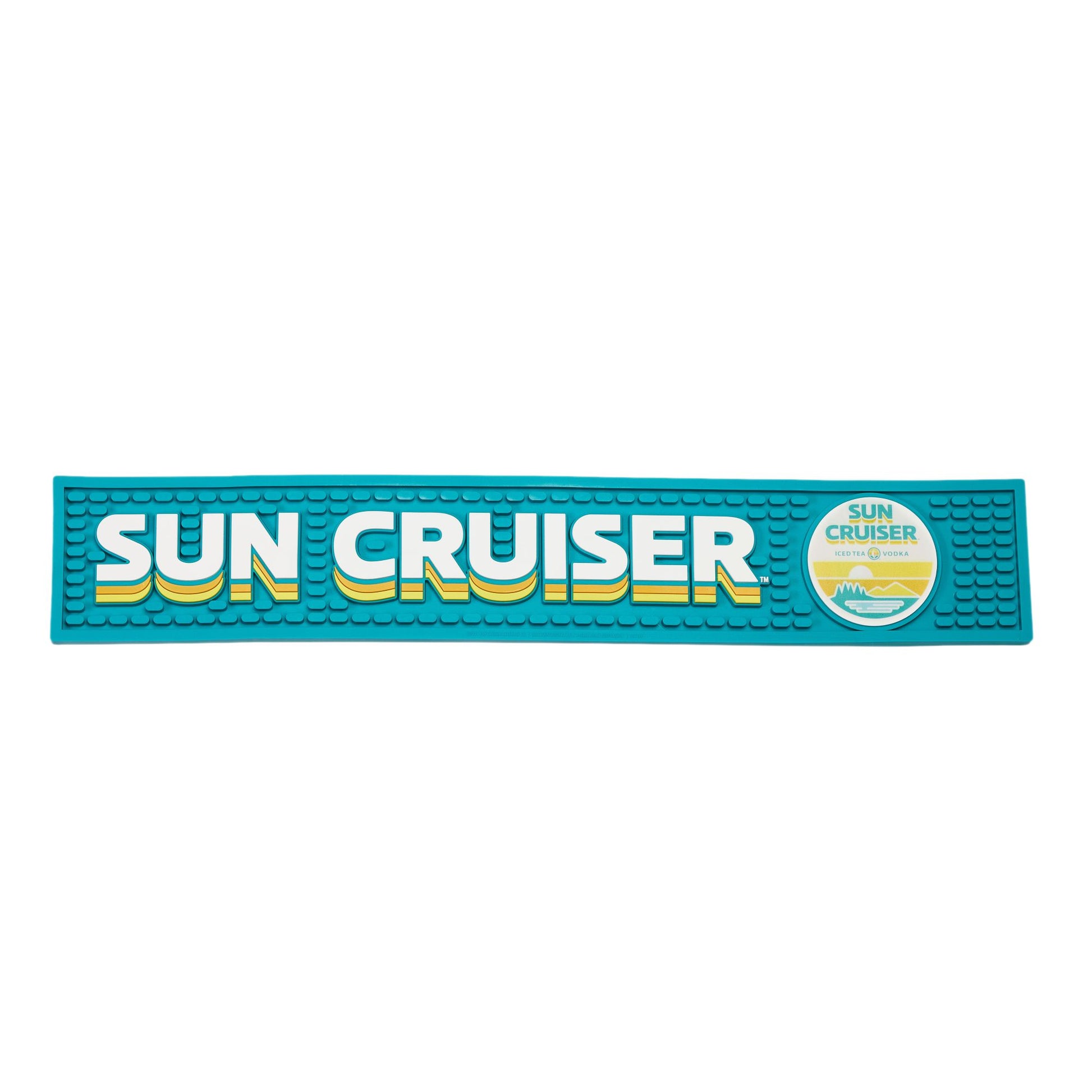 Blue bar mat featuring written Sun Cruiser logo along it. Featured on the right of the bar mat is the Sun Cruiser circle sun logo.