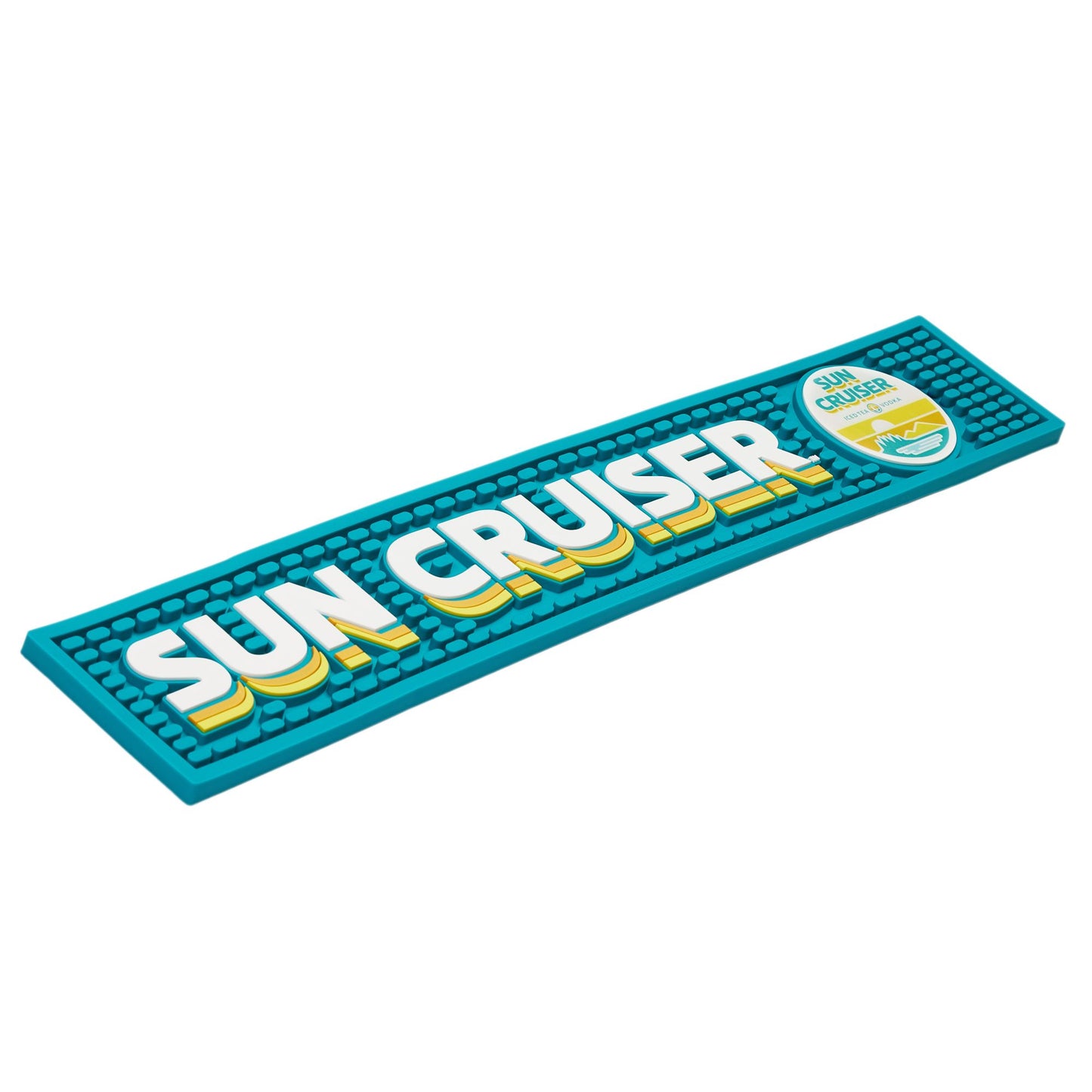 Blue bar mat featuring written Sun Cruiser logo along it. Featured on the right of the bar mat is the Sun Cruiser circle sun logo.