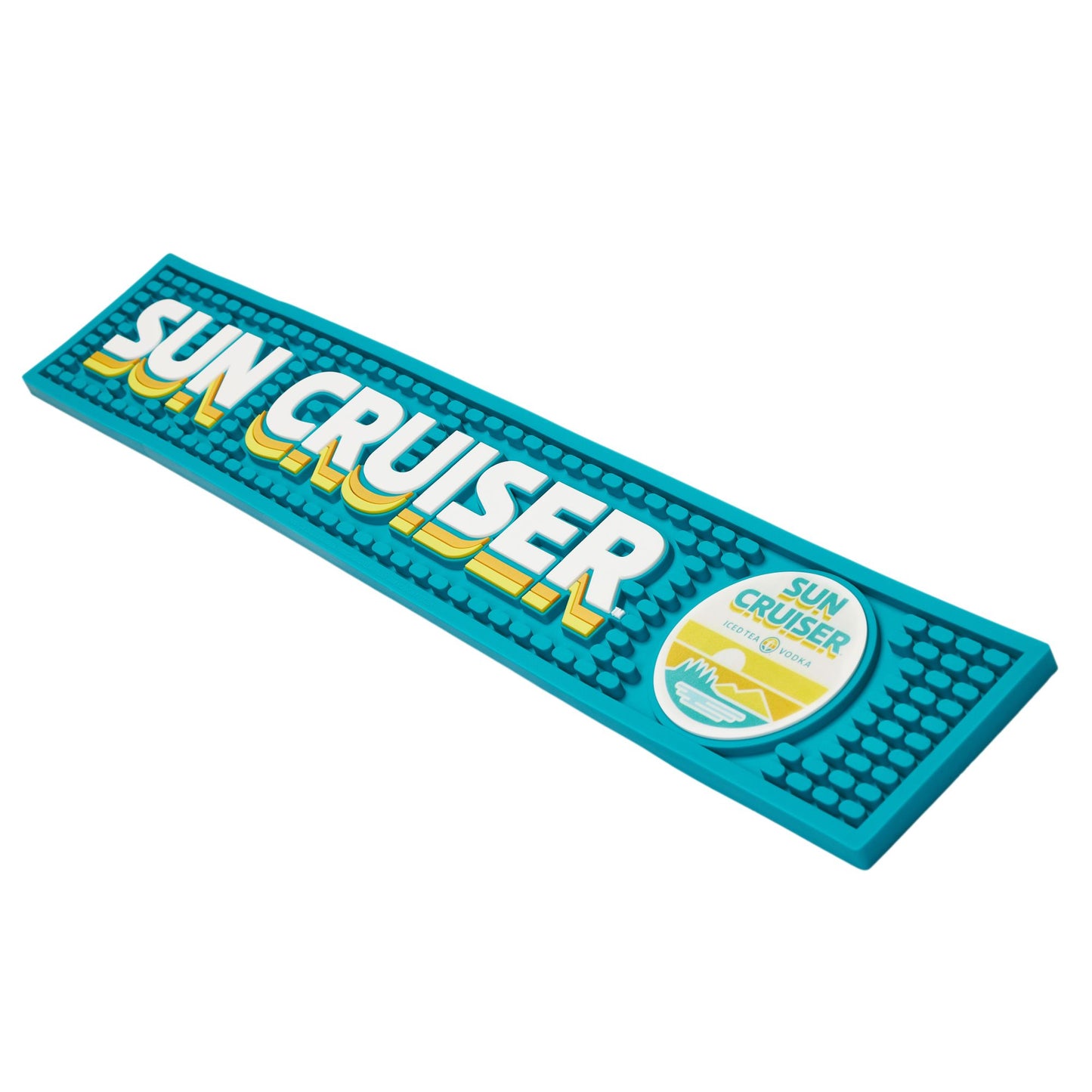 Blue bar mat featuring written Sun Cruiser logo along it. Featured on the right of the bar mat is the Sun Cruiser circle sun logo.