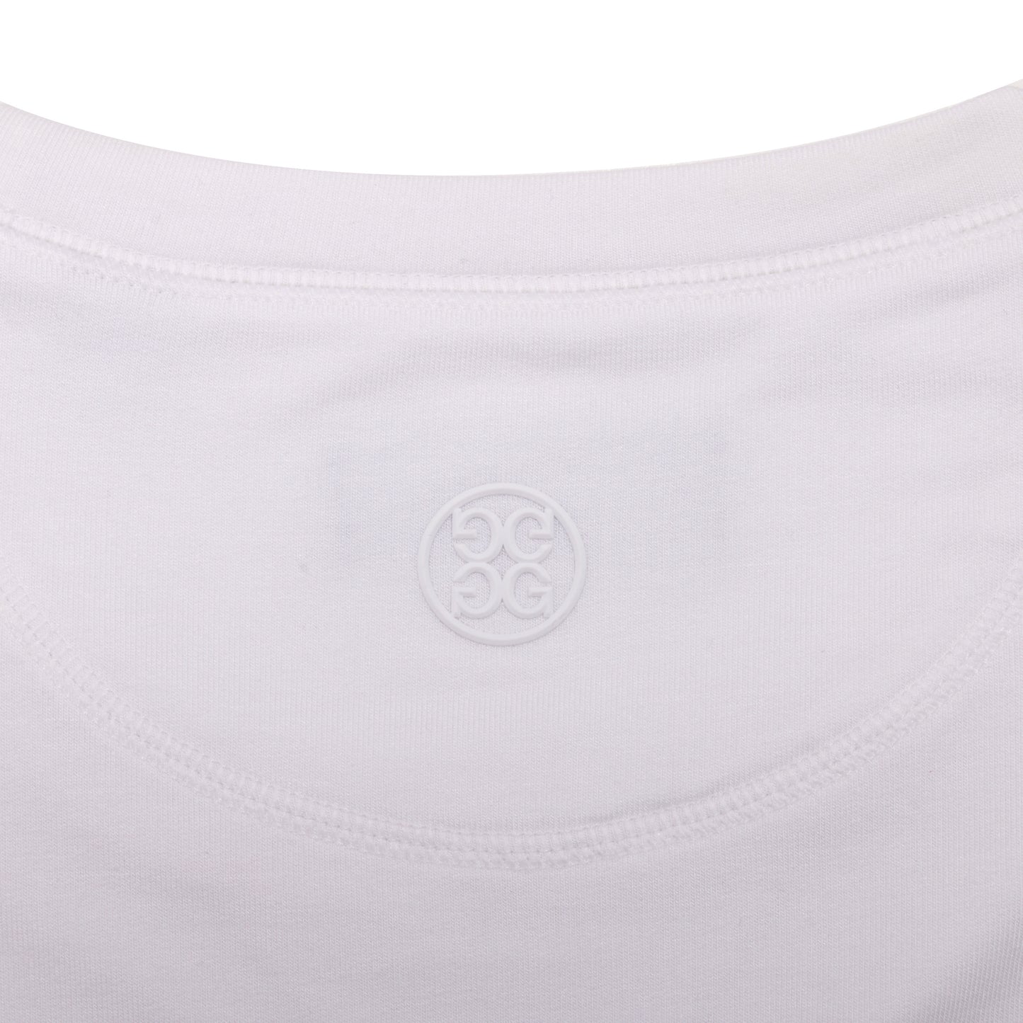 Close-up of the back neckline of Sun Cruiser x GFORE white lightweight terry crewneck showing soft fabric texture and tonal embossed Circle G