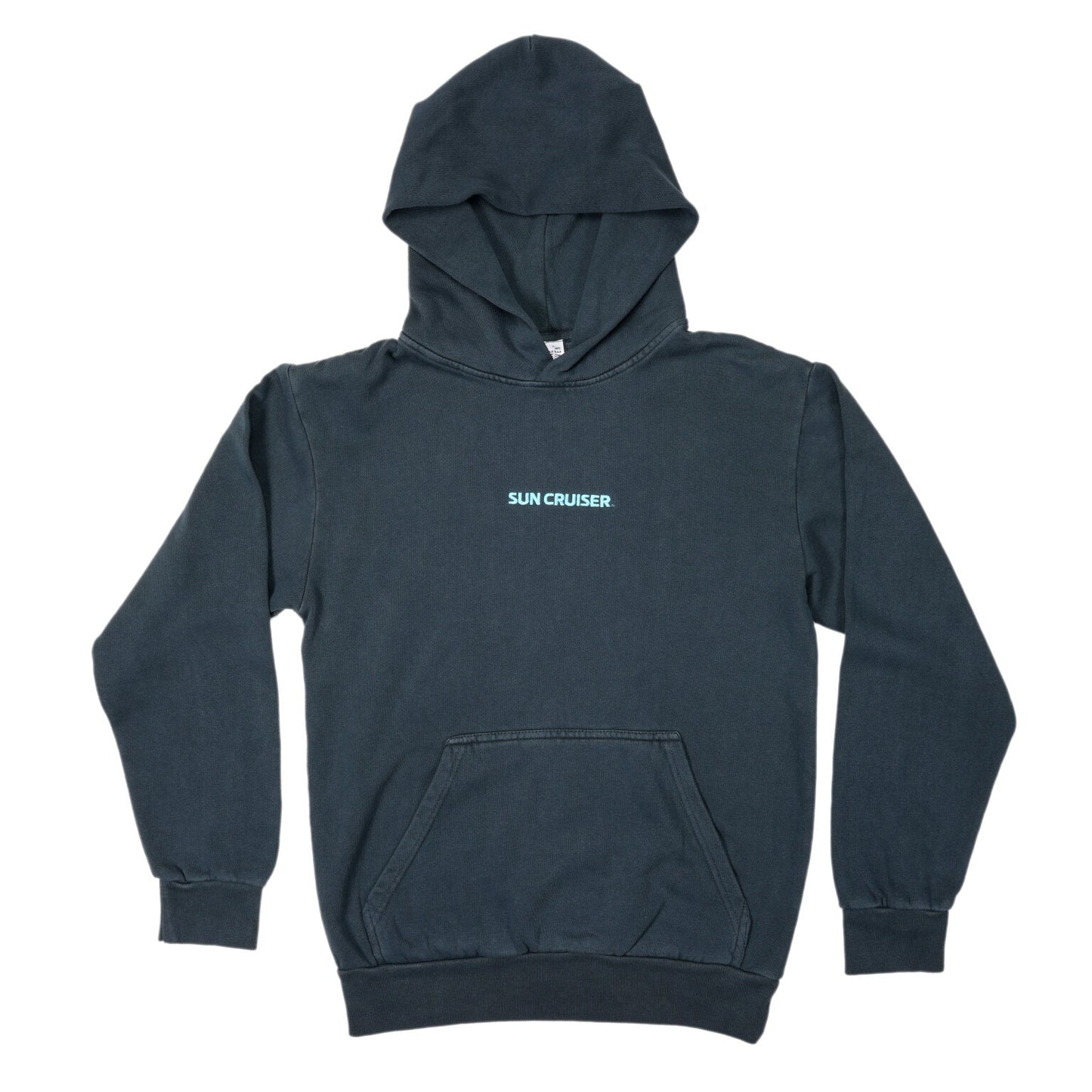 A flat lay of a dark blue, faded hooded sweatshirt with a front pouch pocket. The words 'SUN CRUISER' are printed in small, light blue text centered on the chest.