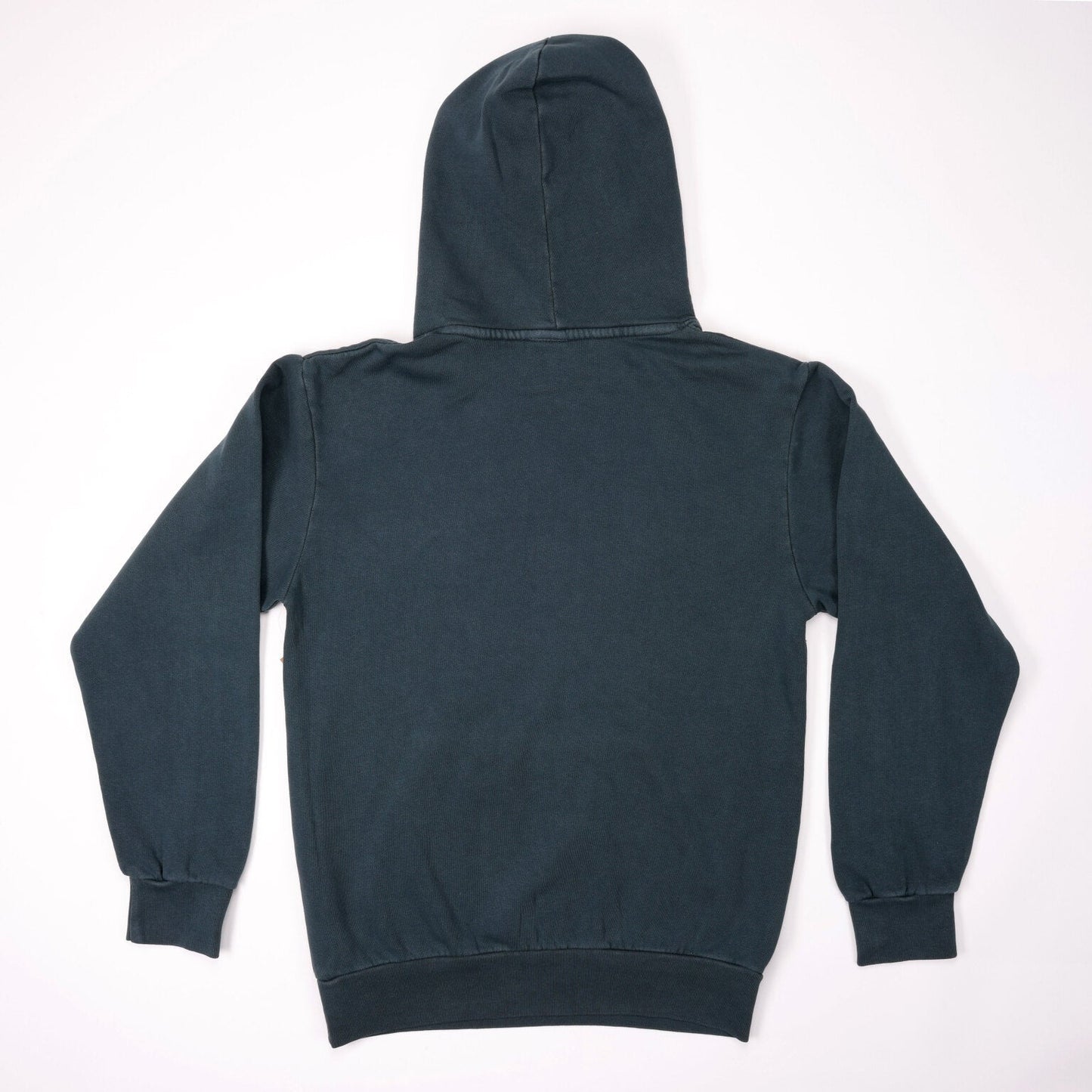 The back of a dark blue, faded hooded sweatshirt. The back of the hoodie is plain, showing the hood and the ribbed bottom hem.
