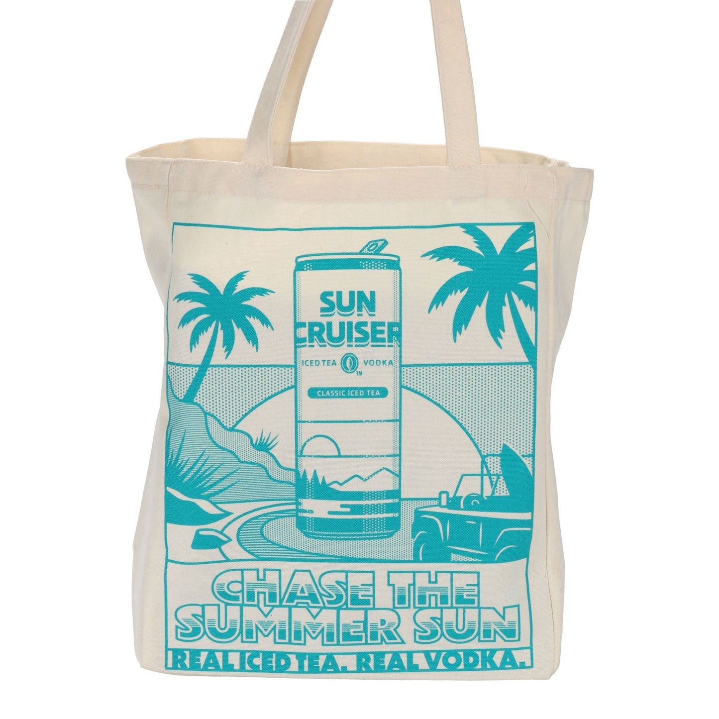 A cream-colored tote bag with a light blue graphic design. The design features a large can of "SUN CRUISER" iced tea and vodka in the center, surrounded by palm trees and a landscape with mountains and a road. Below the image, the text reads "CHASE THE SUMMER SUN" and "REAL ICED TEA. REAL VODKA."