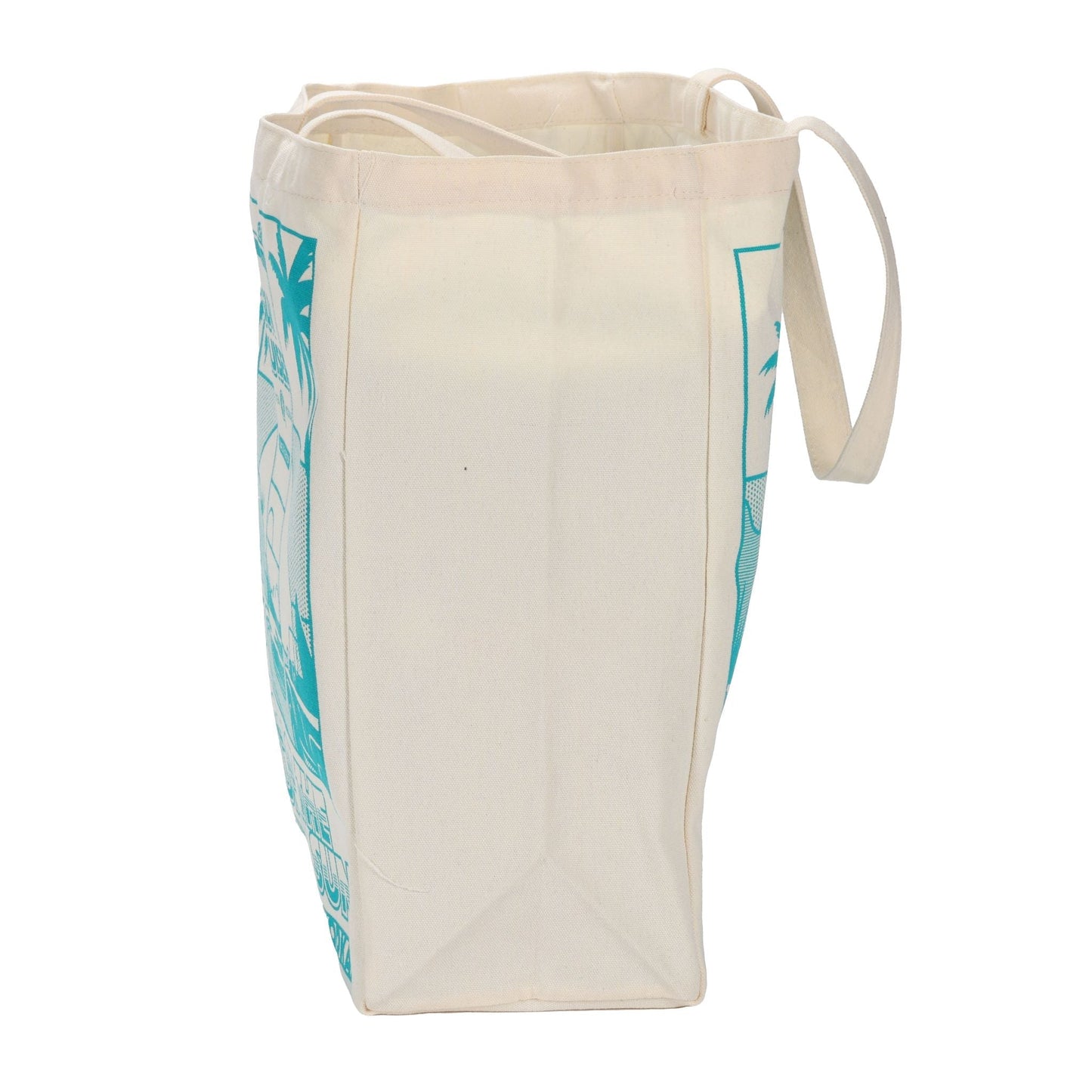 A side view of a cream-colored tote bag. The light blue graphic design is partially visible on the left side of the bag. The image highlights the depth and structure of the bag, including its flat bottom and the way the handles are attached.