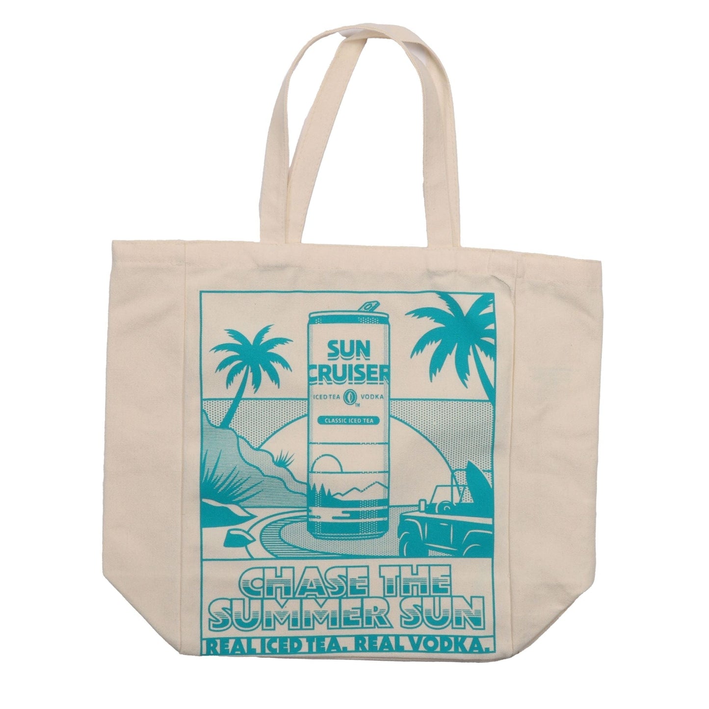 A cream-colored tote bag displaying a light blue graphic design. The design features a tall can of 'SUN CRUISER' iced tea and vodka at the center, surrounded by palm trees and a scenic landscape. The words 'CHASE THE SUMMER SUN' and 'REAL ICED TEA. REAL VODKA.' are printed below the illustration.