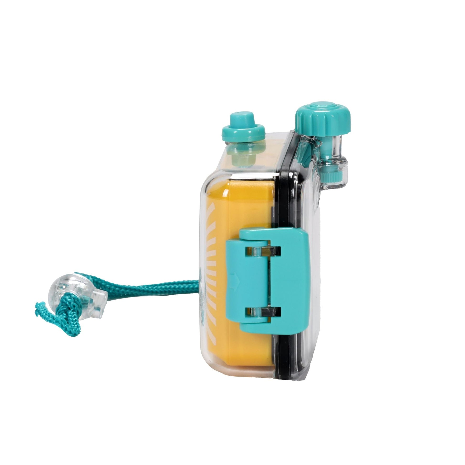 Side view of a yellow disposable camera with a sunburst pattern, enclosed in a clear waterproof case. A prominent turquoise latch is visible on the side of the case. A turquoise winding knob is visible on the top right. A turquoise braided wrist strap with a clear stopper extends to the left.