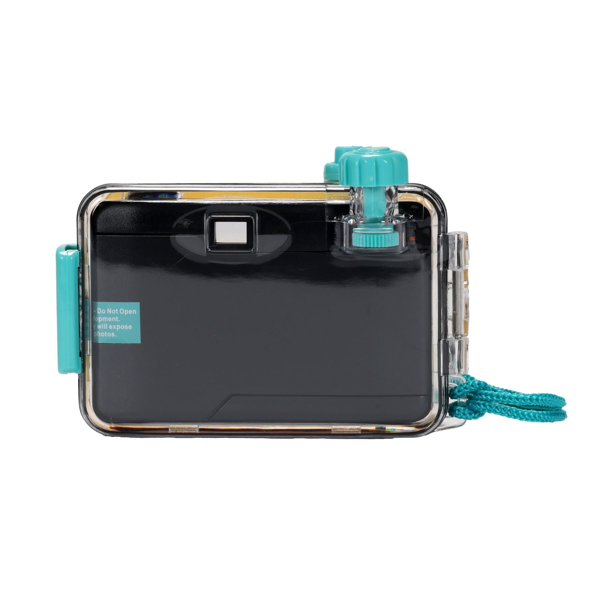 Back view of a black disposable camera enclosed in a clear waterproof case. A white square viewfinder is visible on the camera's back. The case features turquoise latches on the left and top, with a winding knob and shutter button also in turquoise on the top. A blue and white braided wrist strap is attached to the right side of the case. A partial label on the camera reads, 'Do Not Open compartment. Will expose photos.'