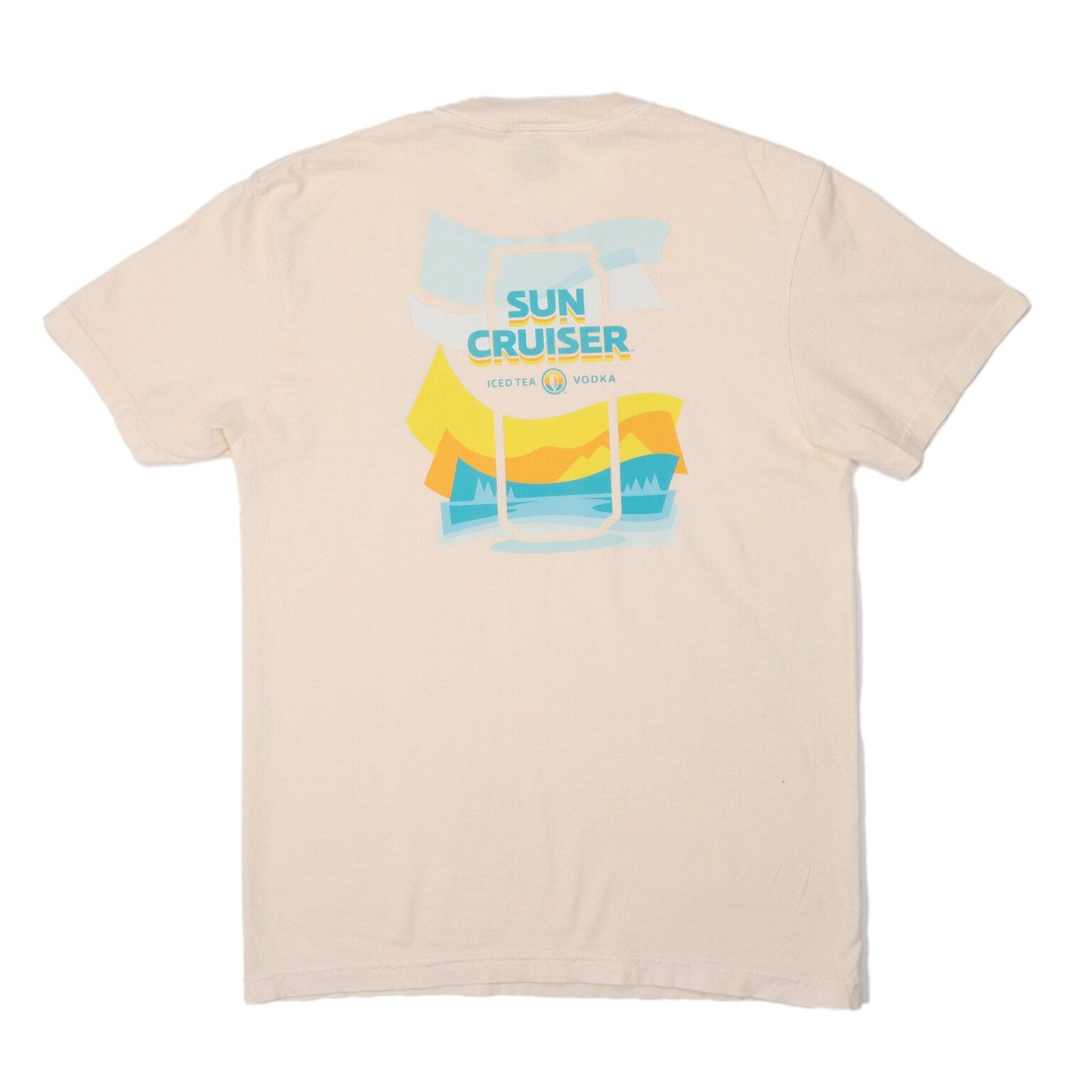 The back of a cream-colored short-sleeved t-shirt with a large graphic centered on the upper back. The graphic depicts a stylized scene with yellow and blue rolling hills, and two yellow suns. 'SUN CRUISER' is prominently displayed in blue text across the top of the graphic, with 'ICED TEA' on the left and 'VODKA' on the right in smaller text below it.