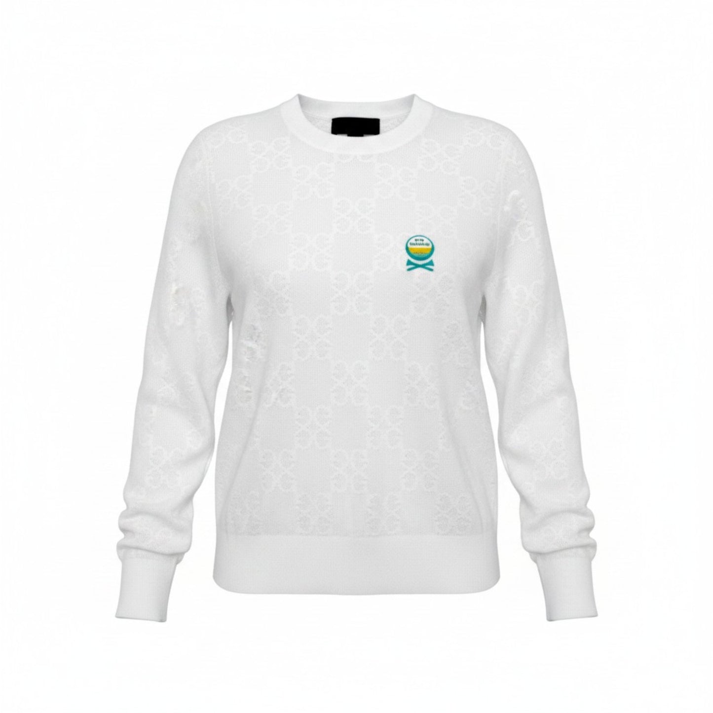 Front view of GFORE x Sun Cruiser white pointelle sweatshirt featuring an allover Circle G textured knit pattern and small Sun Cruiser logo graphic on the chest
