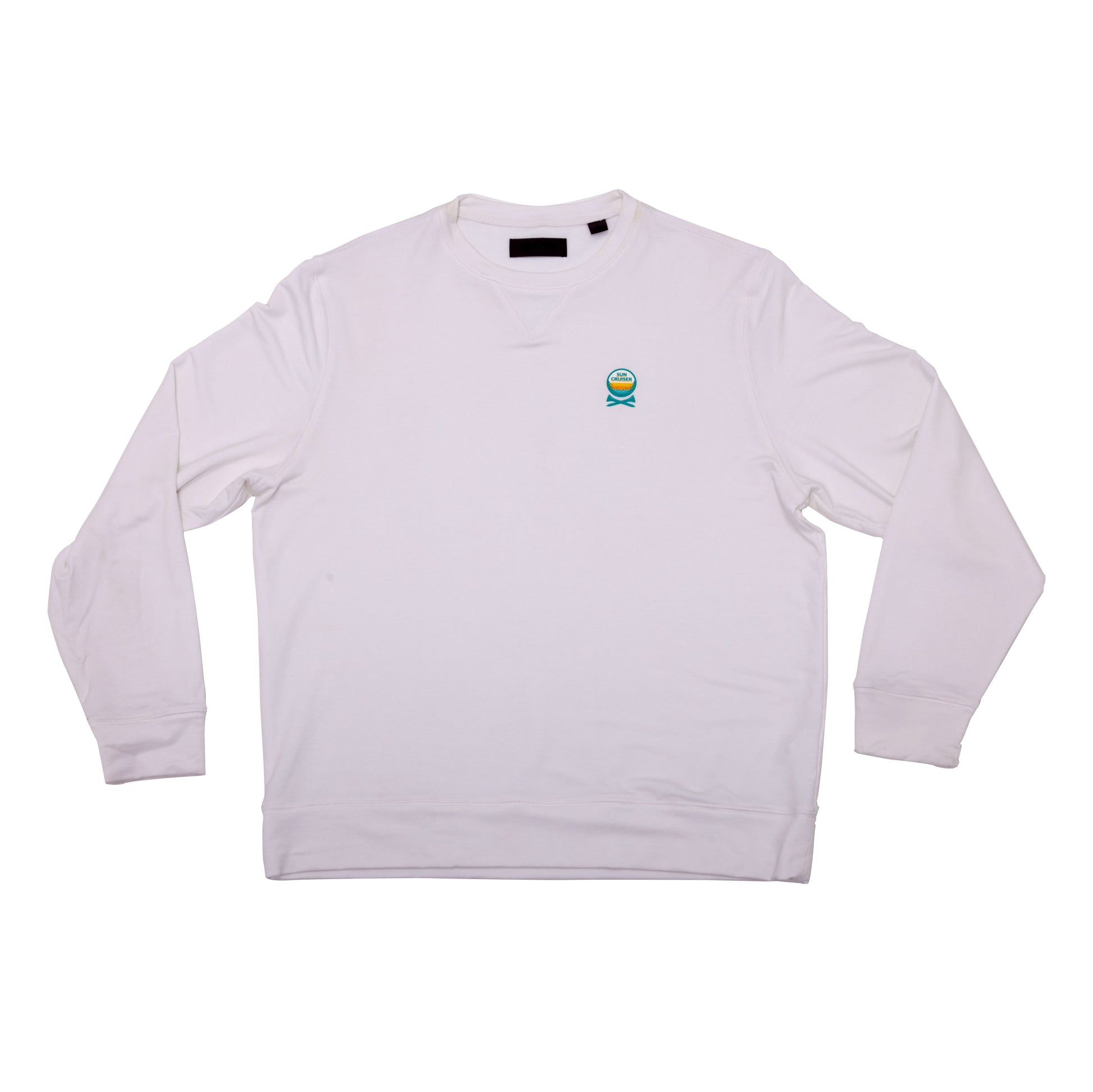 Front view of Sun Cruiser x GFORE white lightweight terry crewneck sweatshirt with ribbed collar, cuffs, and hem, featuring a Sun Cruiser logo on the chest.