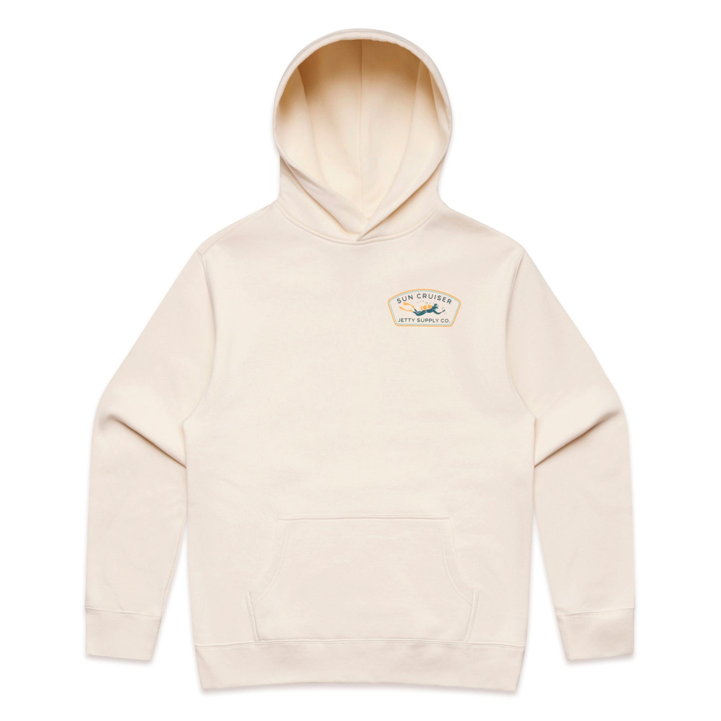 Cream hoodie with small left chest pocket artwork on front. Text Sun Cruiser Jetty Supply Co. 