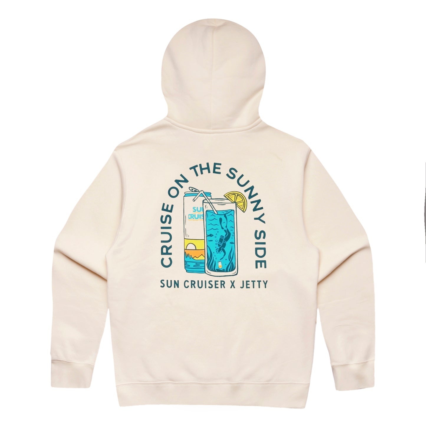 Cream hoodie with can and drink artwork on back