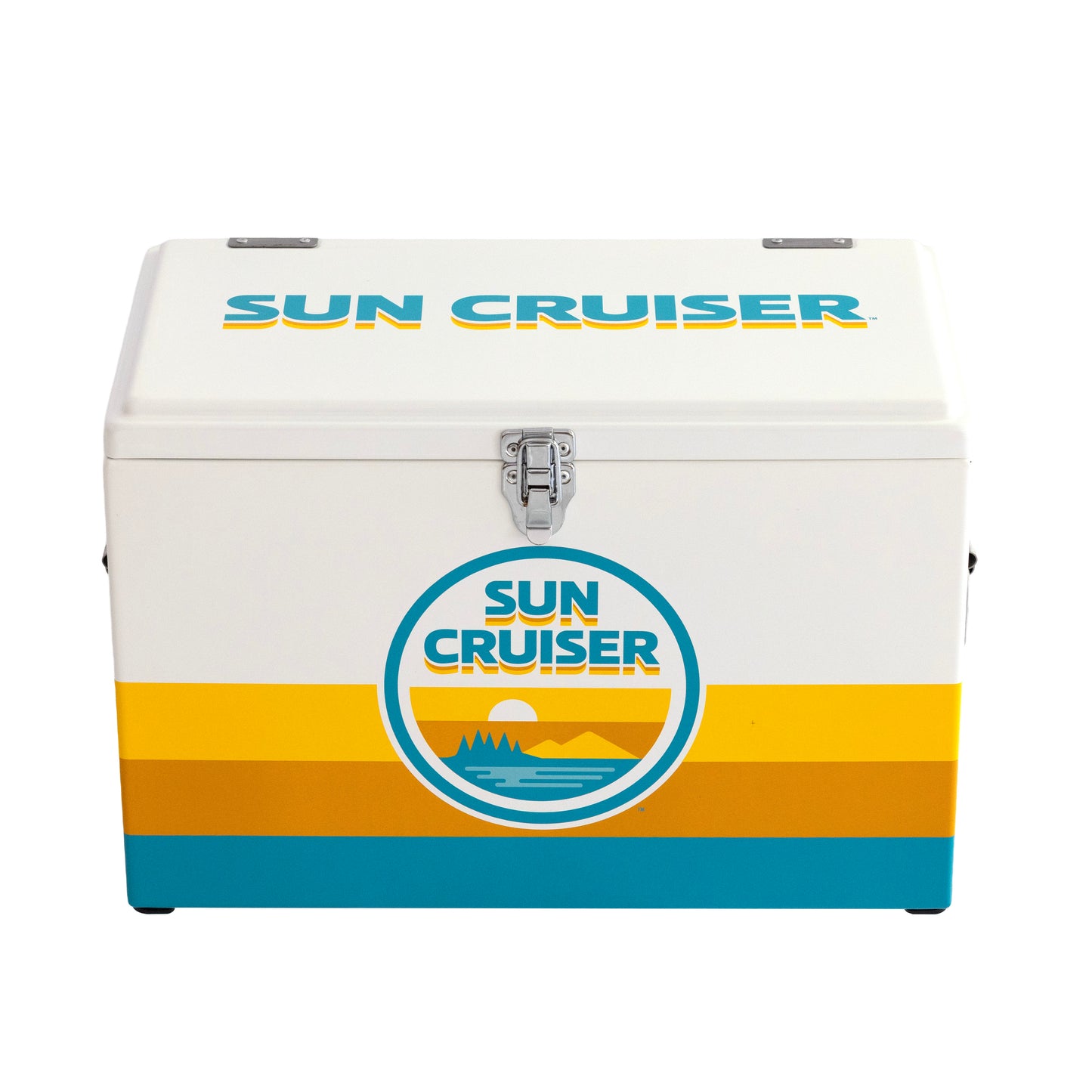 Sun Cruiser hard cooler with classic coloring and "SUN CRUISER" on the top of the lid 