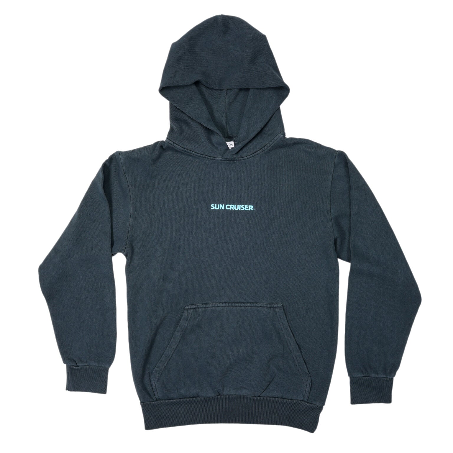 A flat lay of a dark blue, faded hooded sweatshirt with a front pouch pocket. The words 'SUN CRUISER' are printed in small, light blue text centered on the chest.