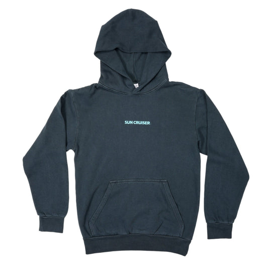 A flat lay of a dark blue, faded hooded sweatshirt with a front pouch pocket. The words 'SUN CRUISER' are printed in small, light blue text centered on the chest.