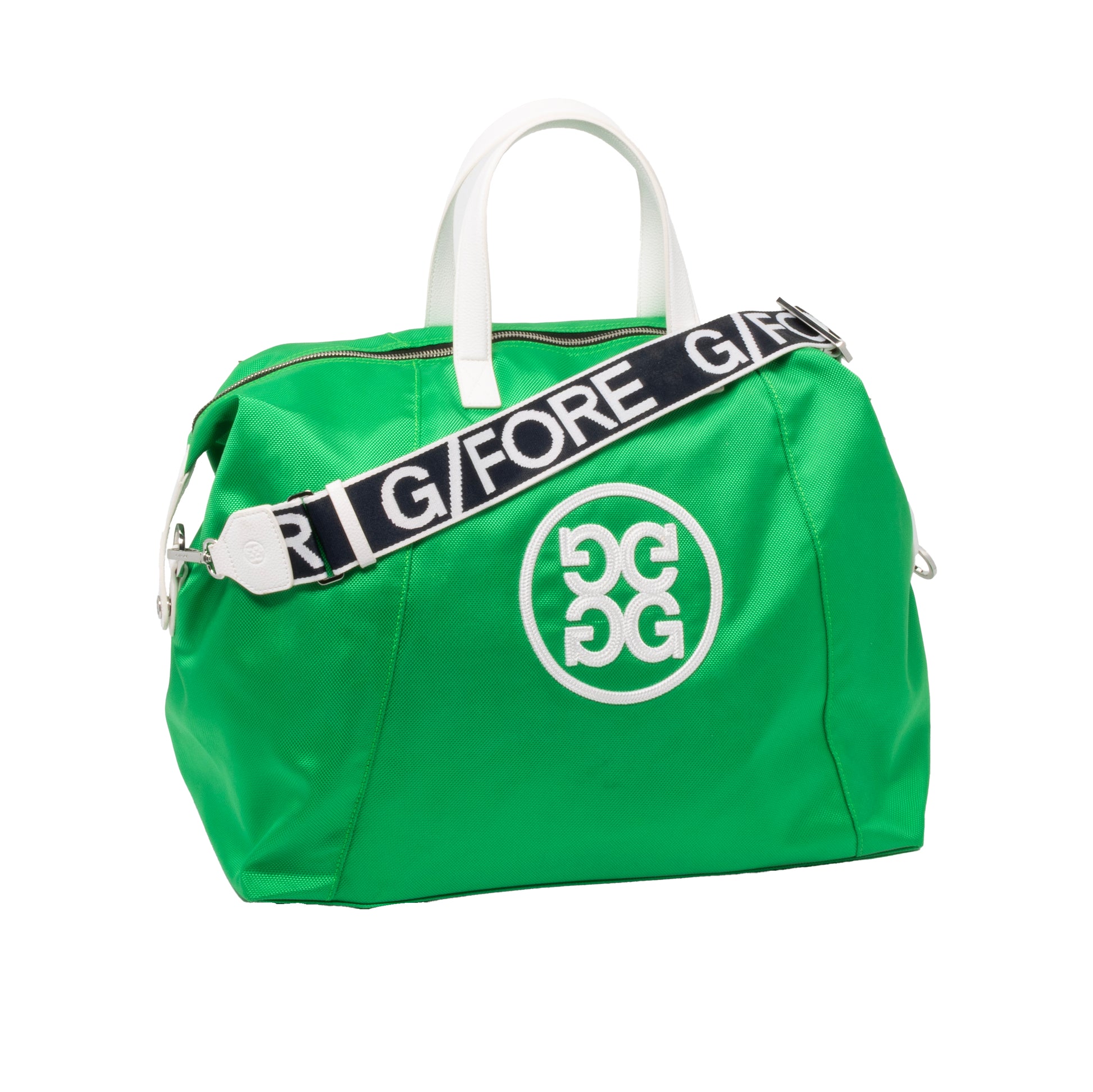 Green Sun Cruiser x GFORE Weekender Golf Bag with bold G/FORE strap across front, premium golf weekender travel bag with white handles