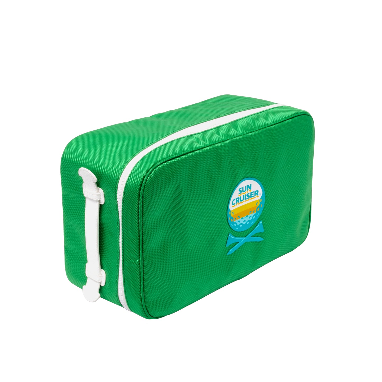 Sun Cruiser x G/FORE green canvas golf shoe bag with zip closure, white trim, and embroidered logo detail