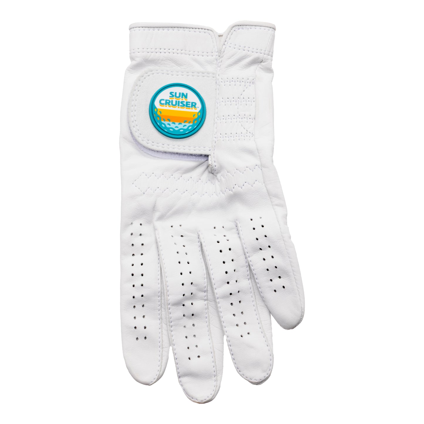 Sun Cruiser x G/FORE white leather golf glove top view with perforated fingers and Sun Cruiser logo tab, premium Cabretta leather golf glove