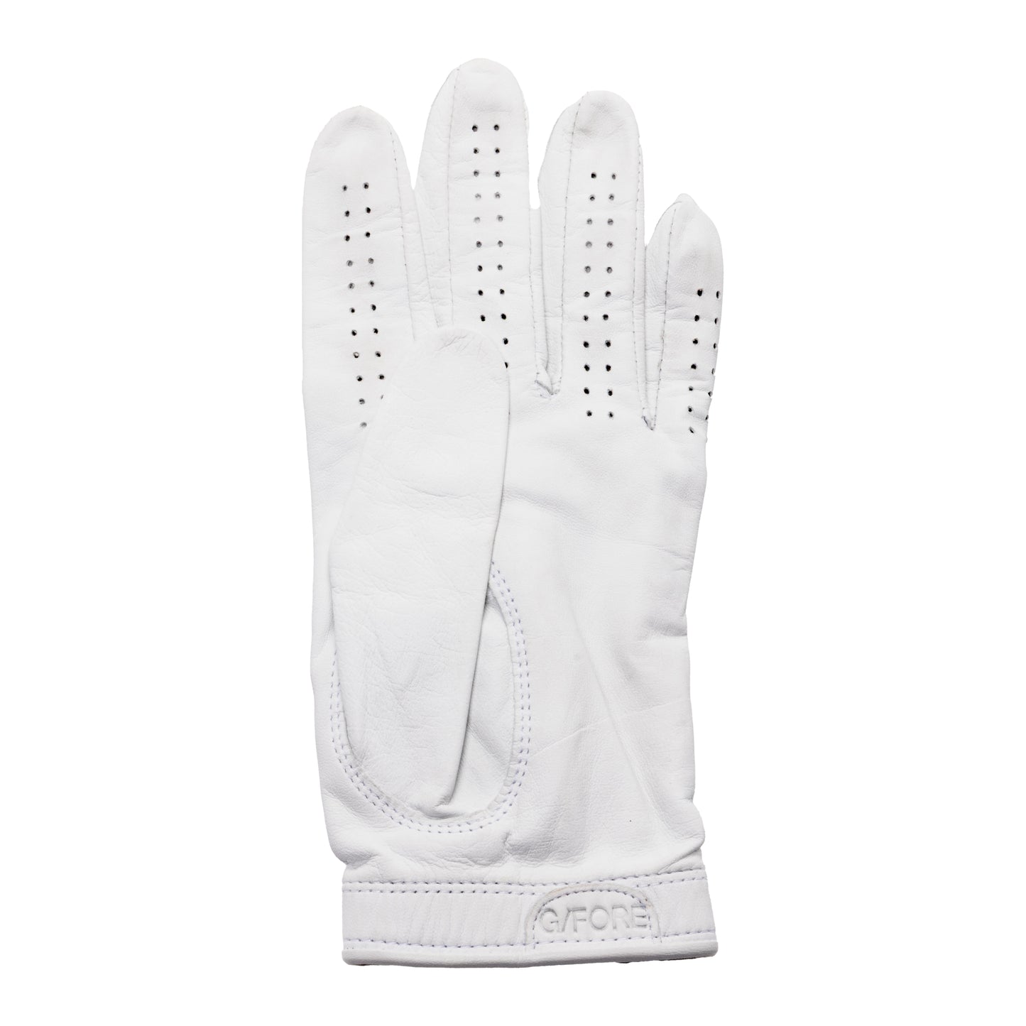 Sun Cruiser x G/FORE white leather golf glove palm view with perforation detail and soft Cabretta leather construction for enhanced grip