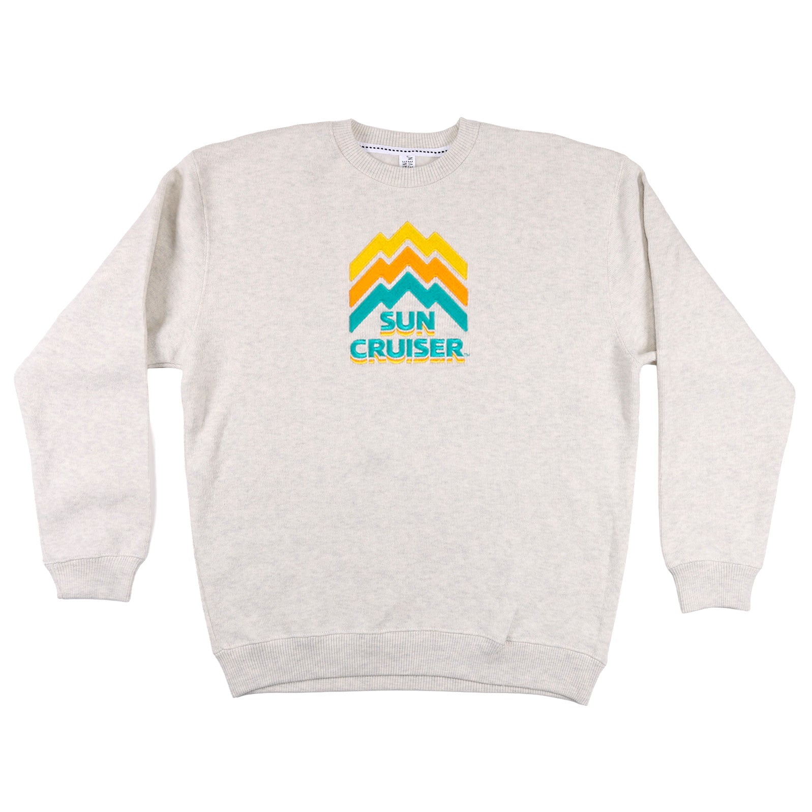 Cream colored Crewneck Sweatshirt with a centered Sun Cruiser logo. Line work on the logo is designed to look like a mountain range, in classic sun cruiser colors cyan, orange, and yellow.