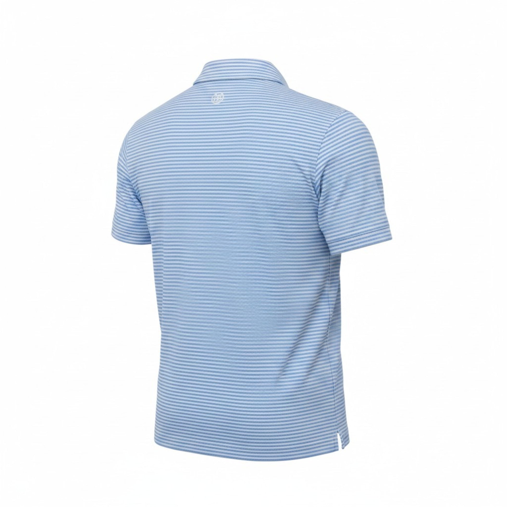 Sun Cruiser x G/FORE men’s blue striped golf polo back view with fine horizontal stripes, performance fabric, and tailored athletic fit