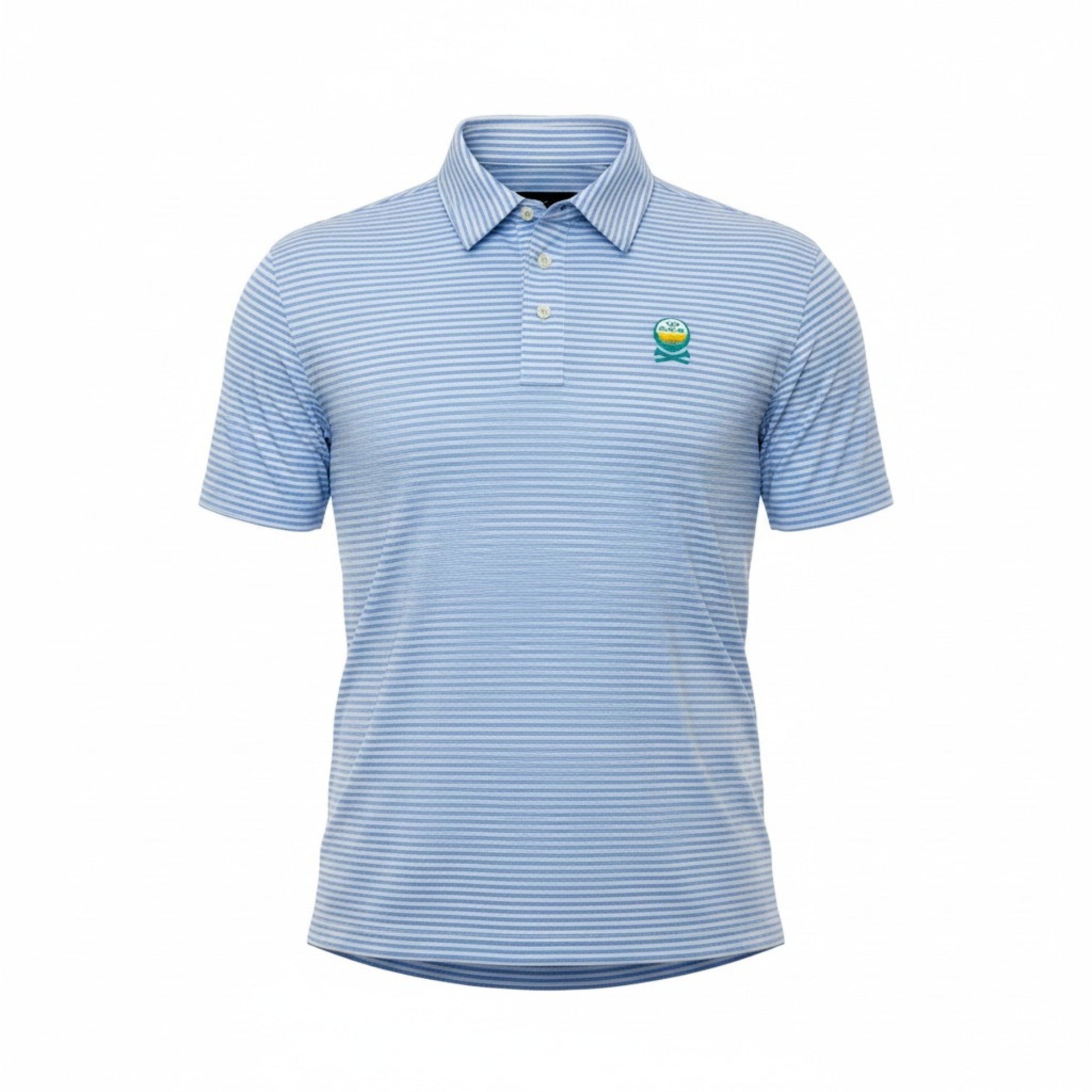 Sun Cruiser x G/FORE men’s blue striped golf polo front view featuring horizontal stripes, button placket, embroidered chest logo, and performance stretch fabric