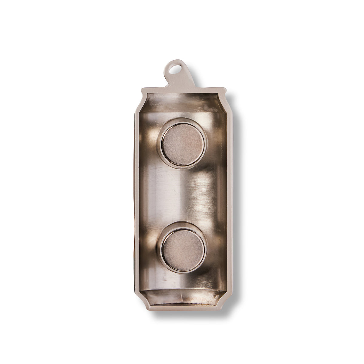 A metallic silver rectangular magnet can shaped mold with two circular magnets, shown on a plain white background.  