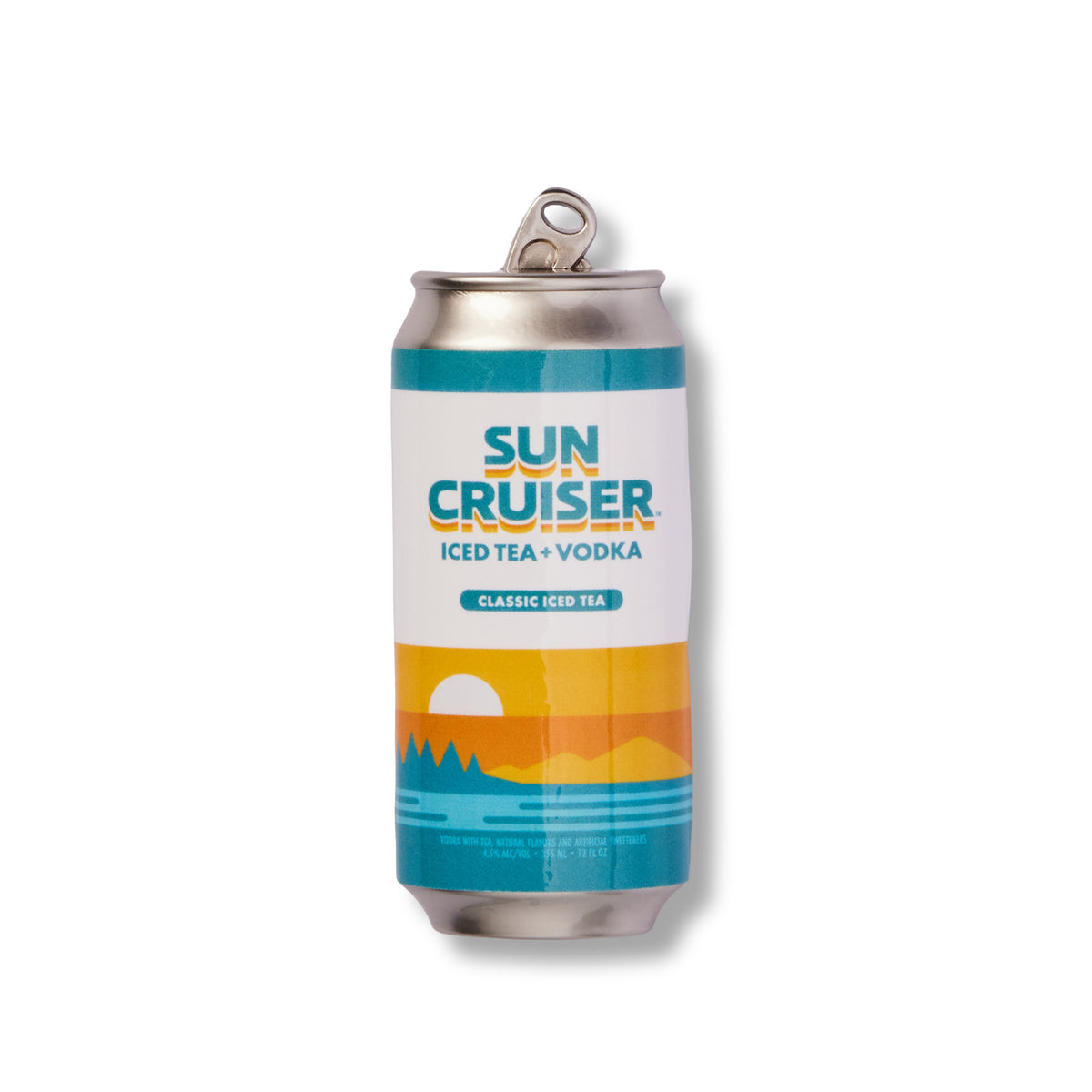A single aluminum can magnet of Sun Cruiser Iced Tea + Vodka on a clean white background. The can features a white label with a retro sunset illustration in teal, orange, and yellow, and the brand name 'SUN CRUISER' printed prominently in teal and orange.