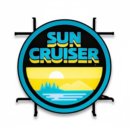 Round light up sign with Sun Cruiser text and sunset scene