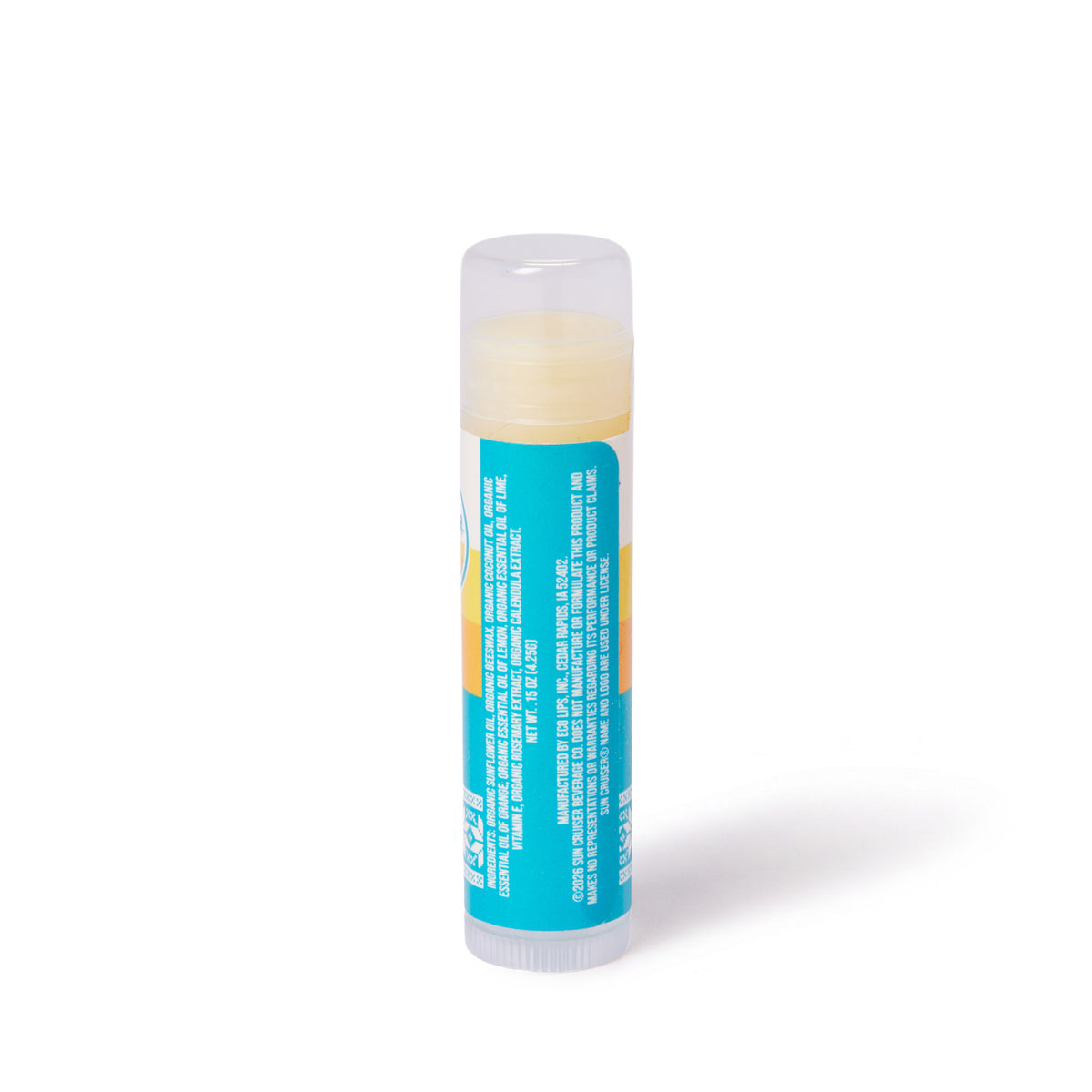 Teal Lip balm container standing against white background, showing a list of ingredients.