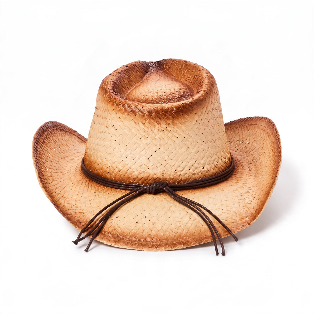 A natural straw cowboy hat with a dark brown band and tie, shown on a clean white background.