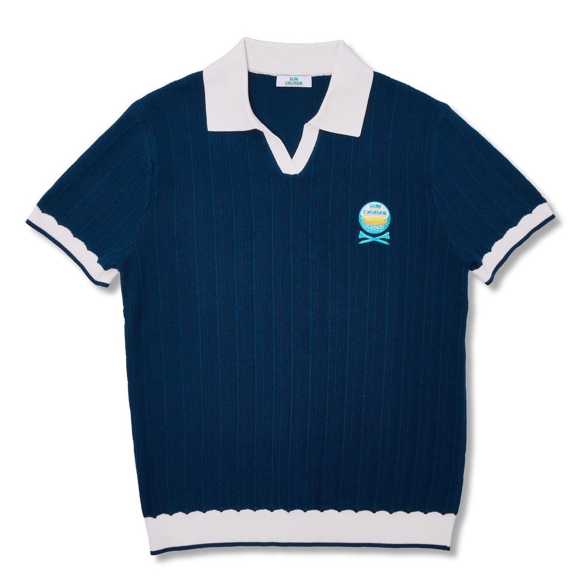 A navy blue ribbed short-sleeve polo shirt with a white collar, white sleeve cuffs, and a white hem, featuring a small circular embroidered logo on the left chest.