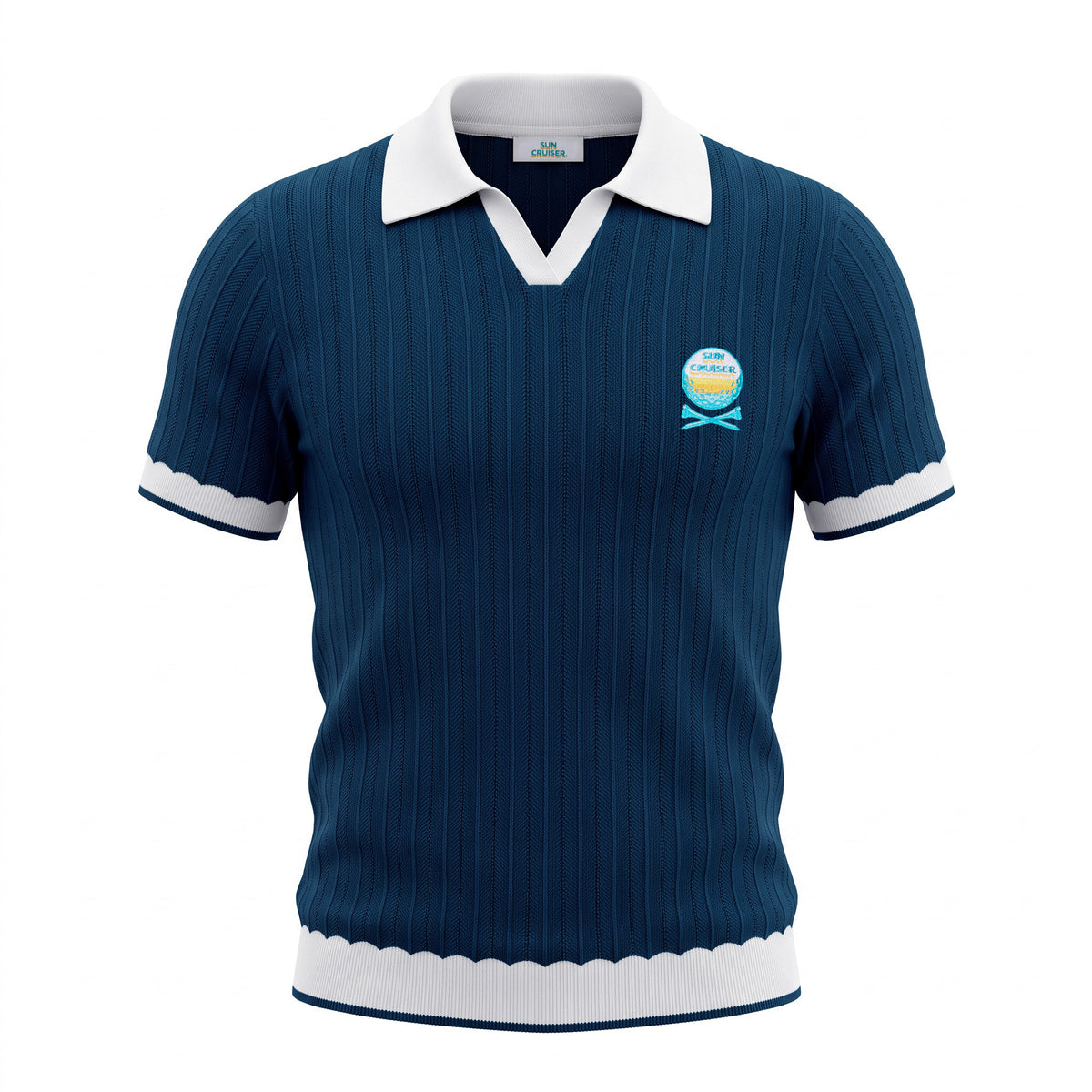 A short-sleeve rugby-style knit polo shirt in dark blue with thin vertical pinstripes, a white collar, white sleeve cuffs, and a white hem band. A small circular logo is on the left chest.