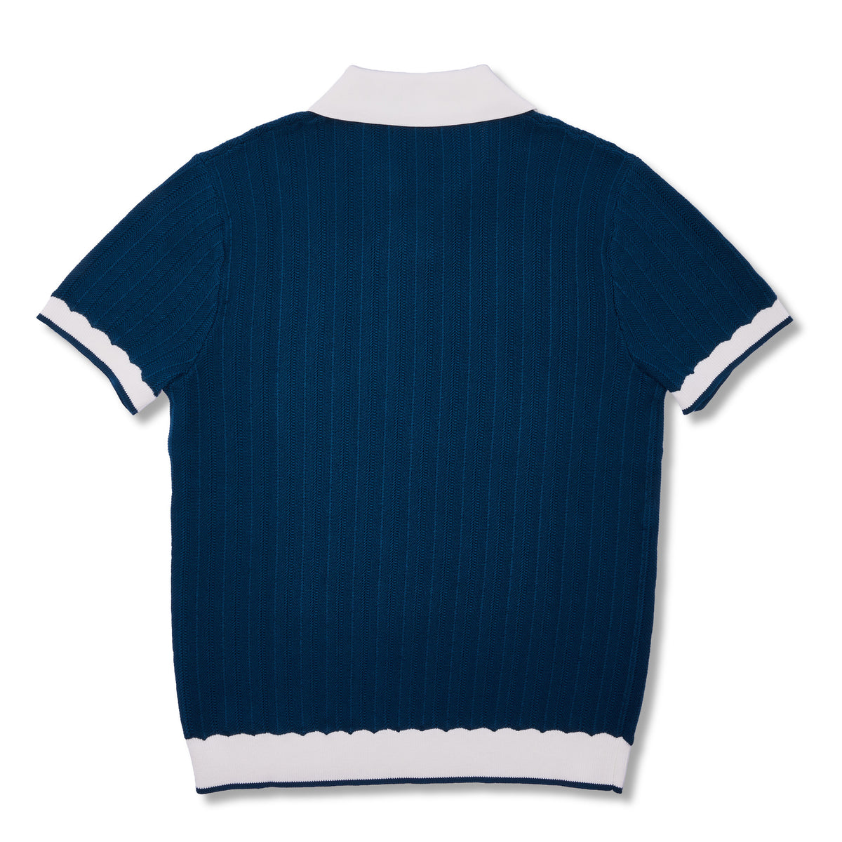 A short-sleeve knit polo shirt shown from the back, featuring a dark navy blue body with fine vertical pinstripes and contrasting white ribbed trim at the collar, sleeve cuffs, and hem.