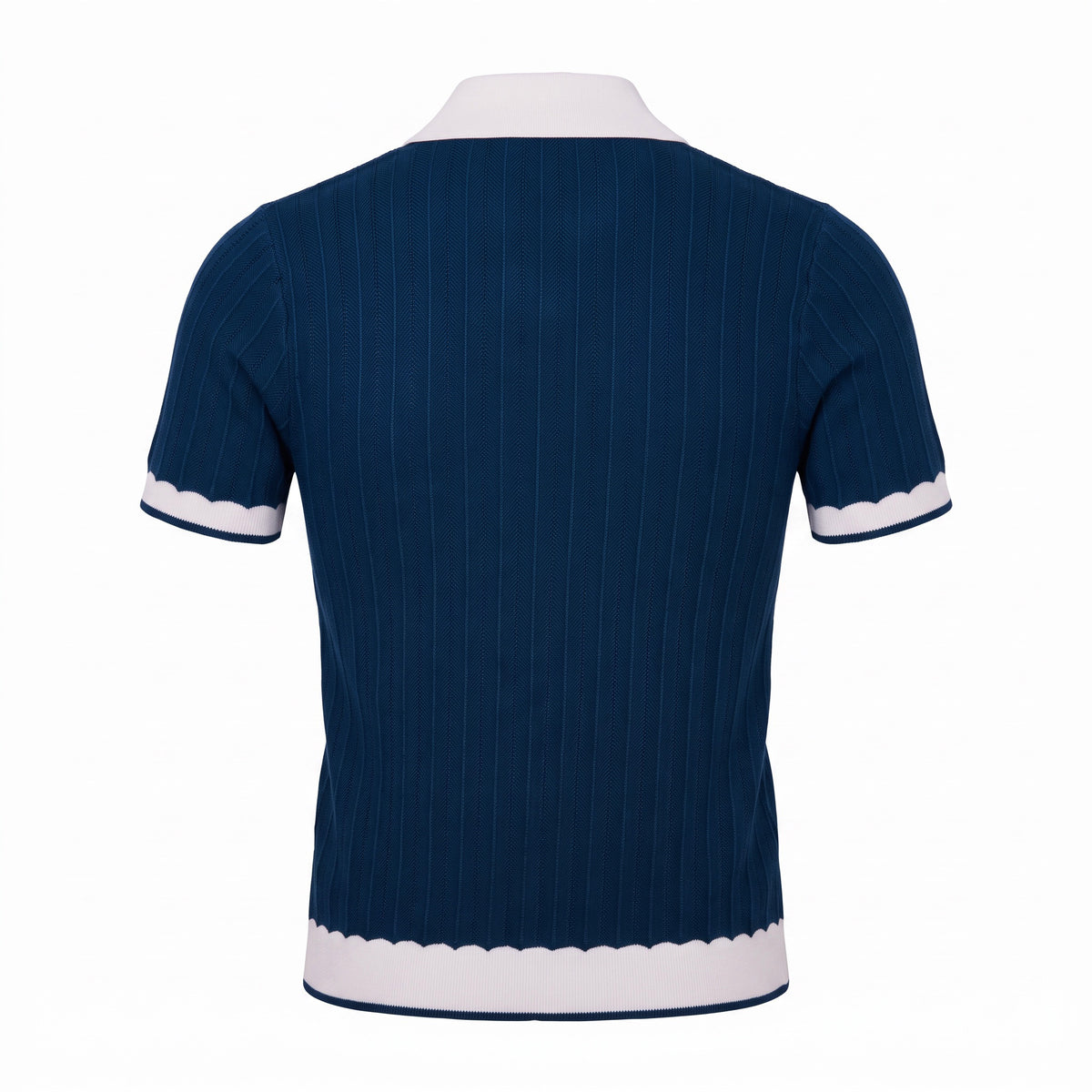 A short-sleeve ribbed knit polo shirt shown from the back, featuring a dark navy blue body with fine vertical pinstripes and contrasting white trim at the collar, sleeve cuffs, and hem.