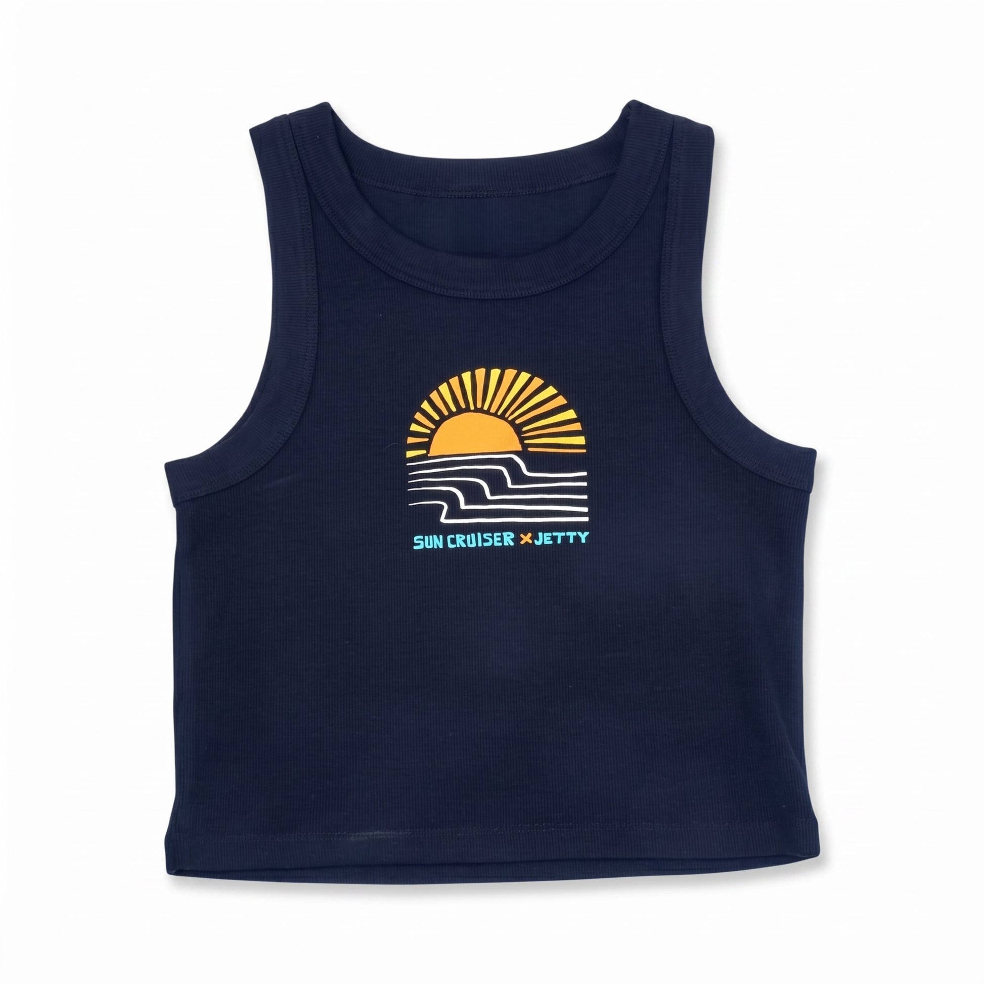A navy blue sleeveless tank top with a retro sunset graphic on the chest. The graphic features a yellow sun, white waves, and the text 'SUN CRUISER x JETTY' in yellow and light blue