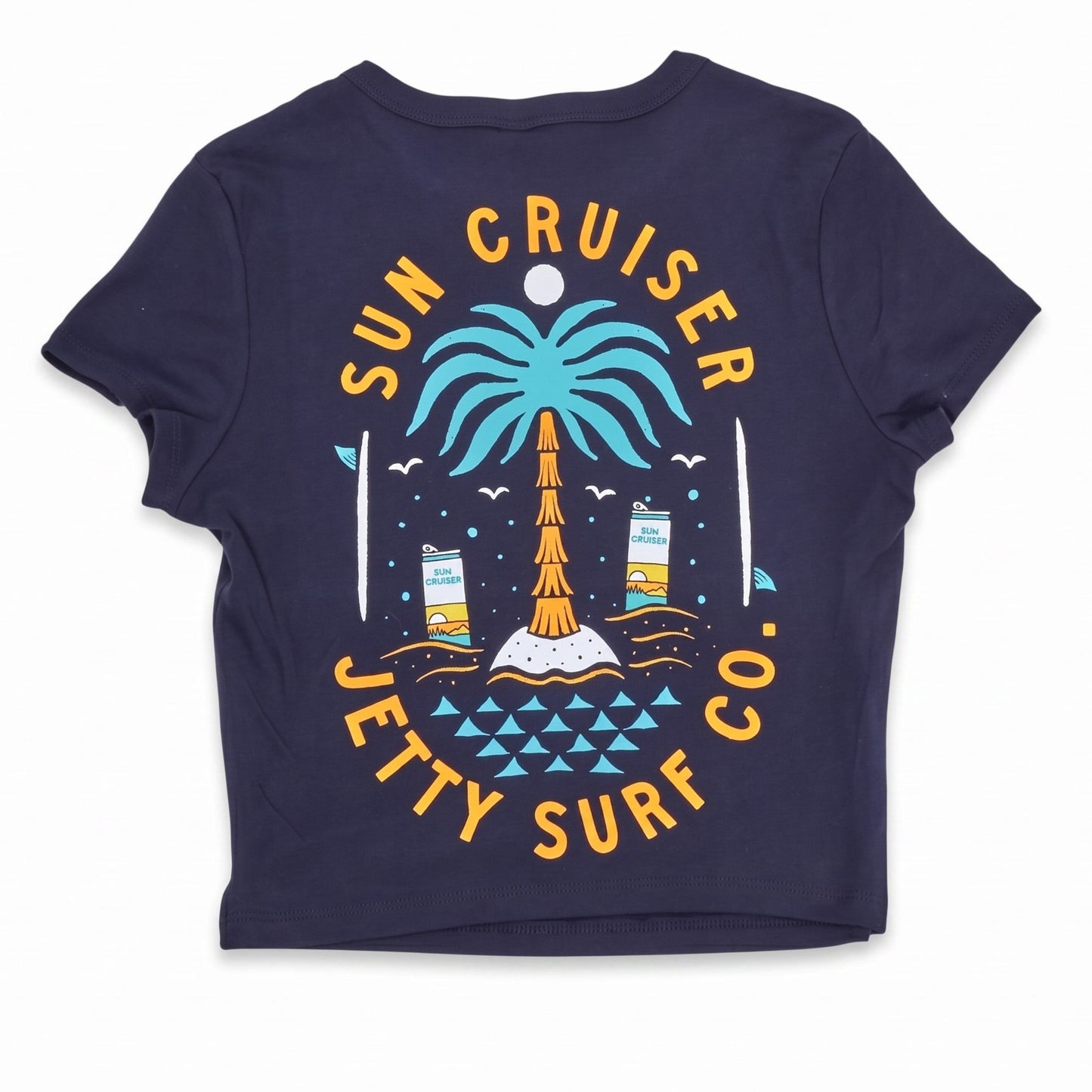 A navy blue short-sleeve t-shirt with a colorful graphic on the back featuring a turquoise palm tree, a yellow lighthouse, and yellow text reading 'SUN CRUISER JETTY SURF CO.' on a white background.
