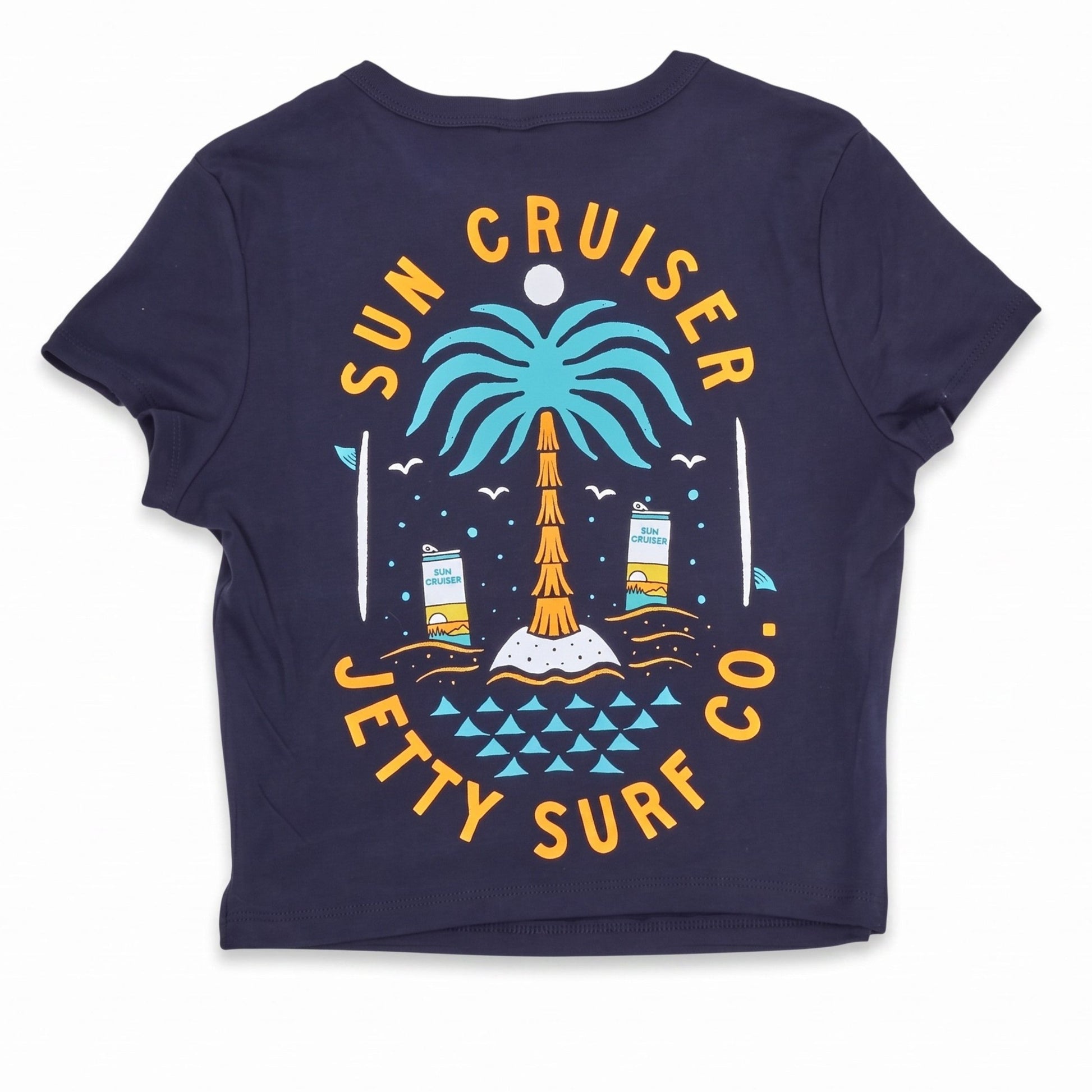 A navy blue short-sleeve t-shirt with a colorful graphic on the back featuring a turquoise palm tree, a yellow lighthouse, and yellow text reading 'SUN CRUISER JETTY SURF CO.' on a white background.