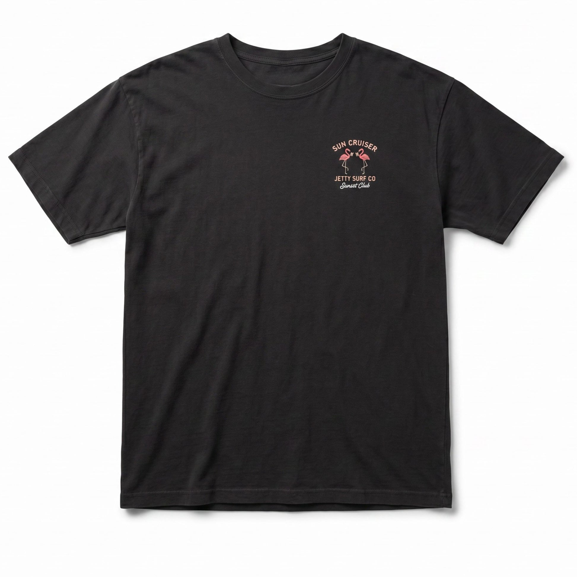 Black tee shirt on white background Sun Cruiser Jetty Surf Co and two flamingos