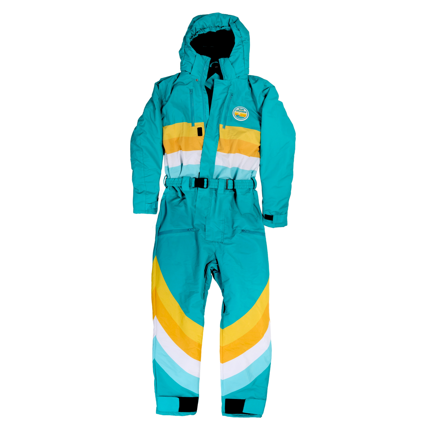 Teal and yellow snowsuit with a logo on a white background
