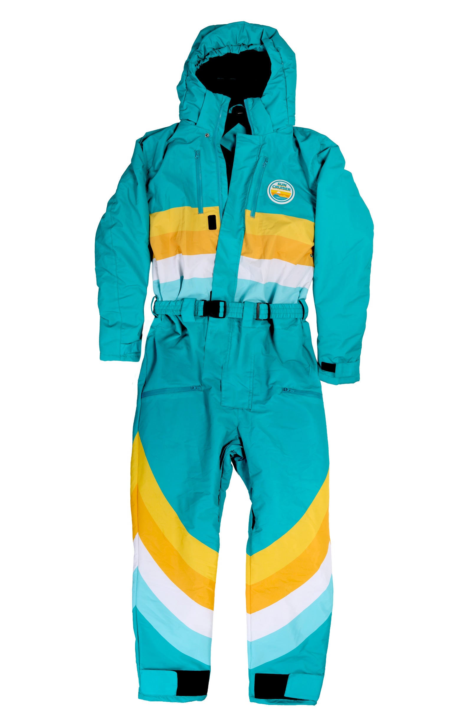 Turquoise snowsuit with yellow and white accents on a white background