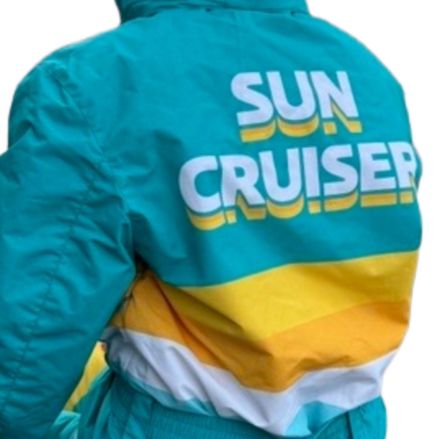 Teal ski suit with 'Sun Cruiser' text on the back against a white background