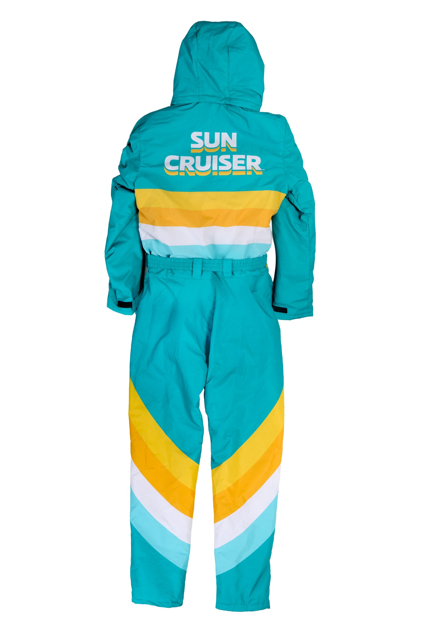 Teal snowsuit with colorful stripes and 'Sun Cruiser' branding on a white background