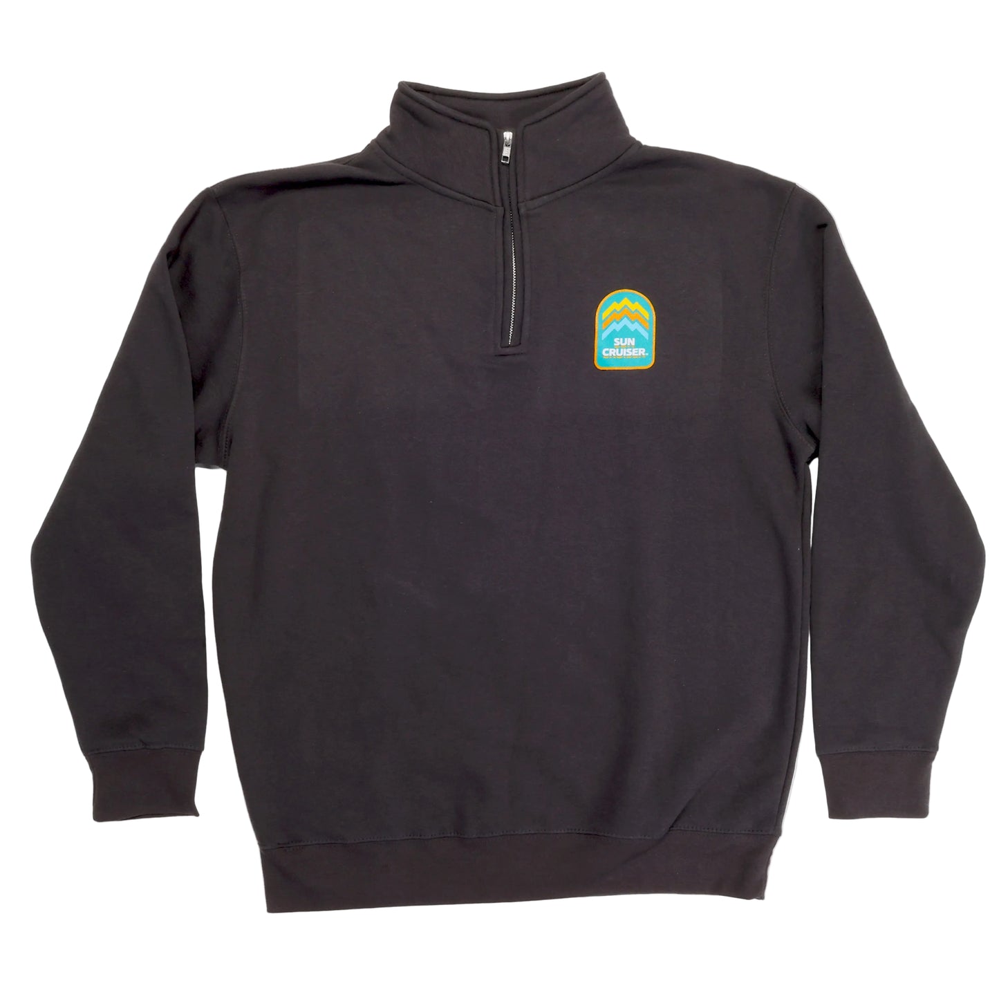 Black quarter-zip sweatshirt with a logo on the chest against a white background