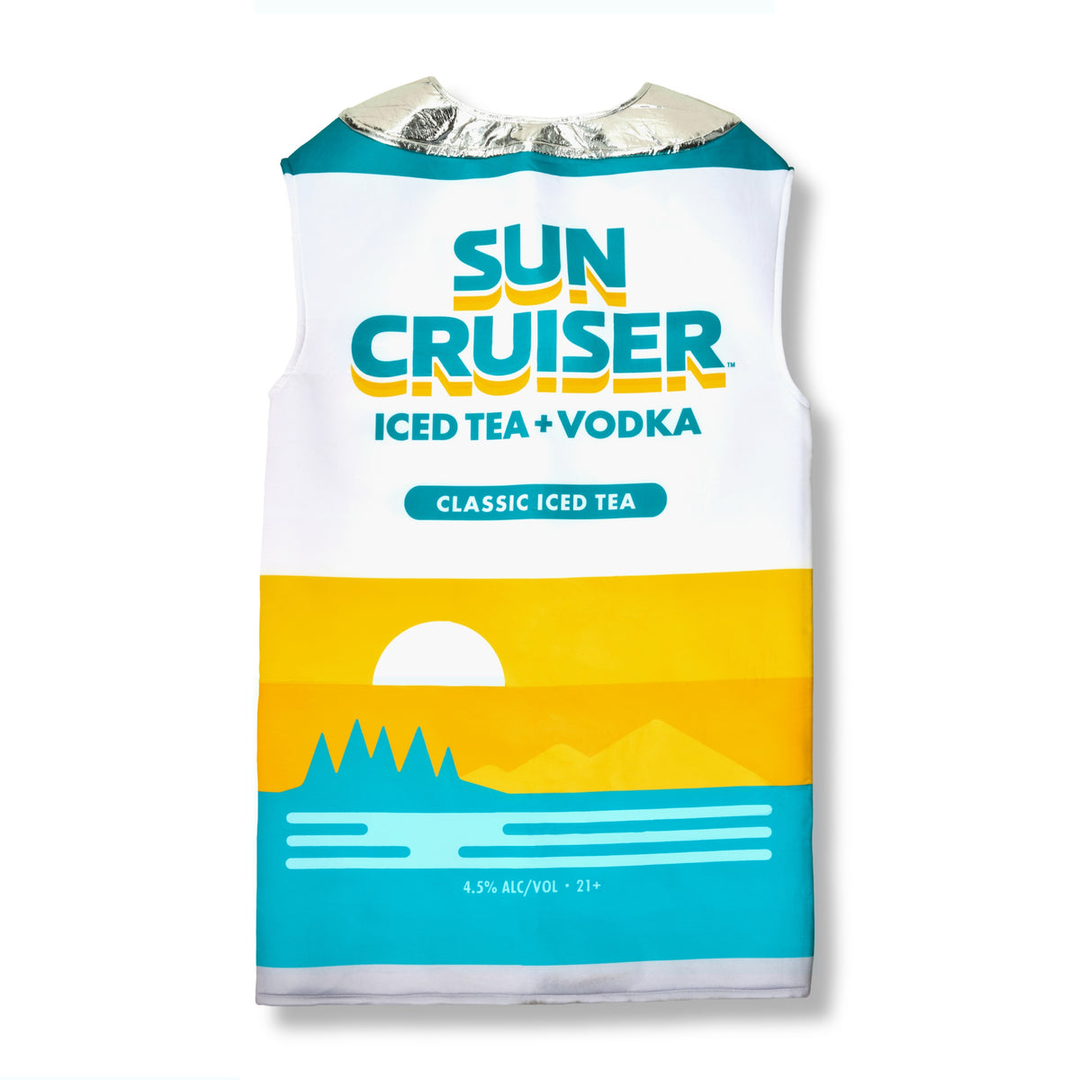 Image of a halloween costume on a white background.  Costume looks like a Sun Cruiser can with a foil neckline and says 'Sun Cruiser' on the front.