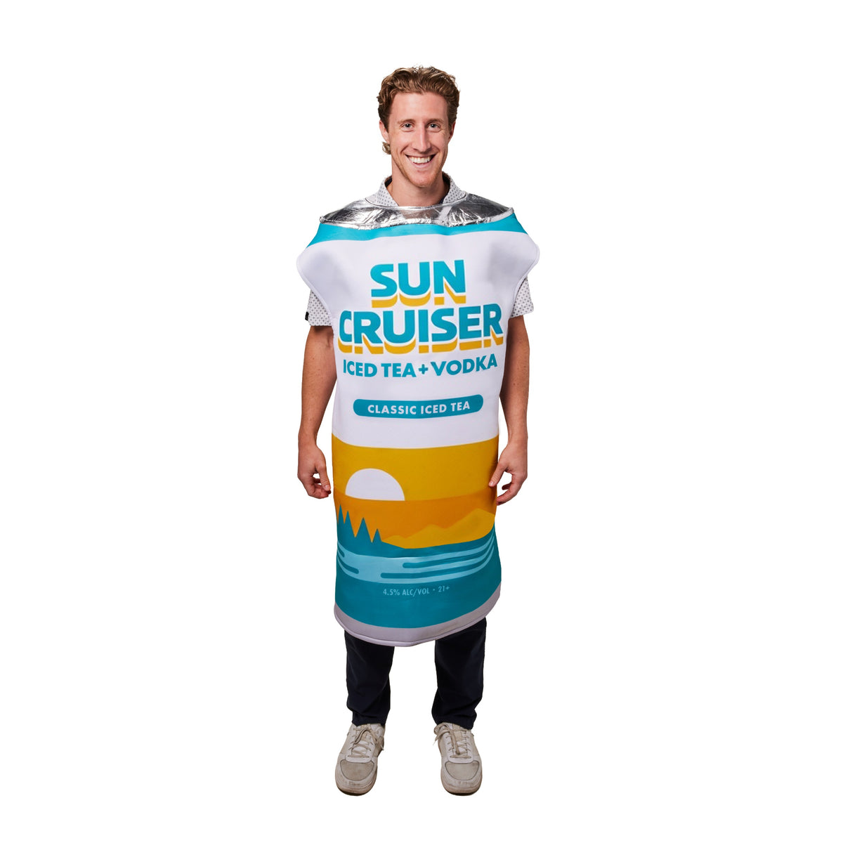 Male standing with sneakers and black pants wearing a Sun Cruiser halloween costume.  There is a silver foil neck line and the front has the Sun Cruiser logo with the sun set art below.