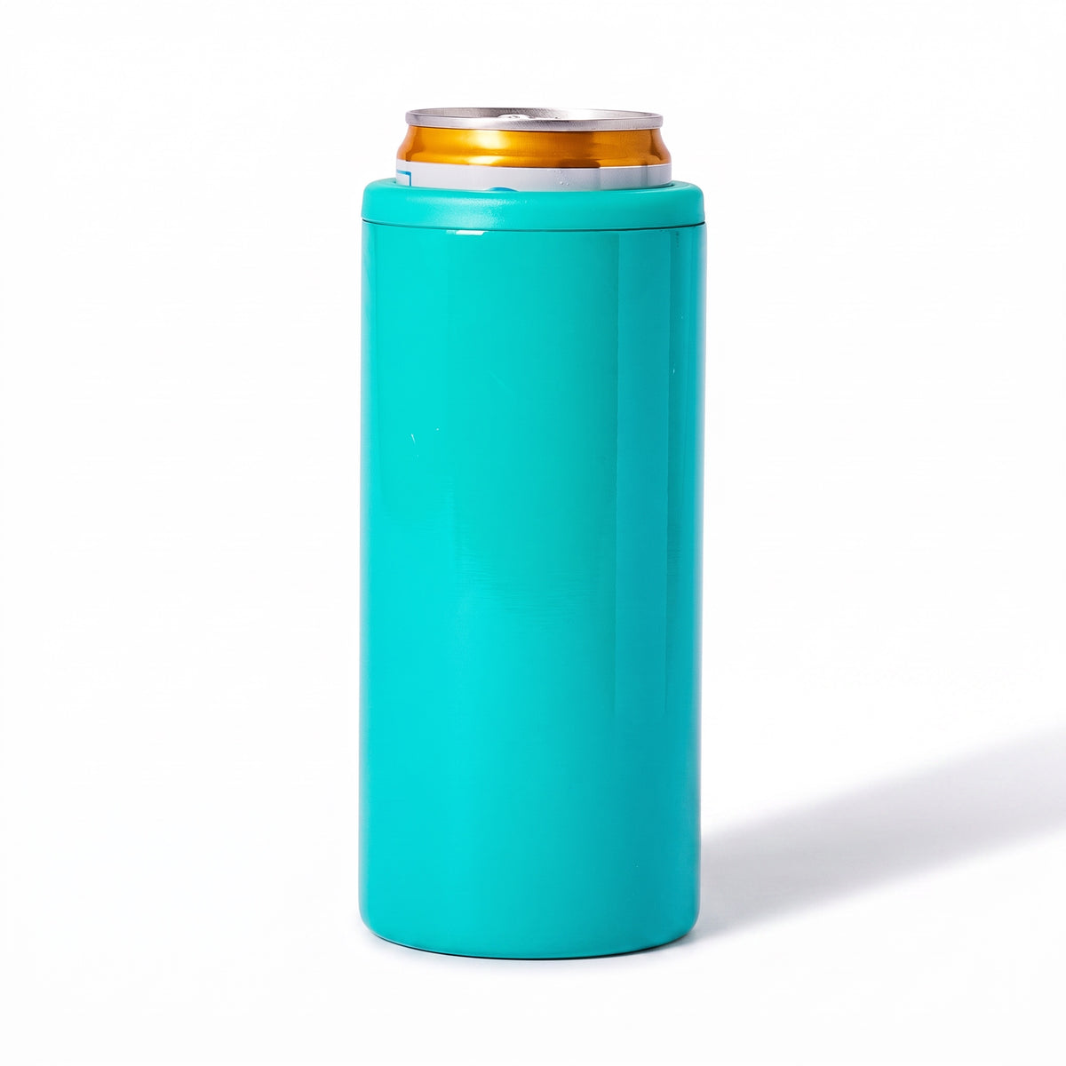 A turquoise blue insulated can cooler sleeve holding a silver aluminum can with a gold pull tab, photographed on a clean white background with a soft shadow.