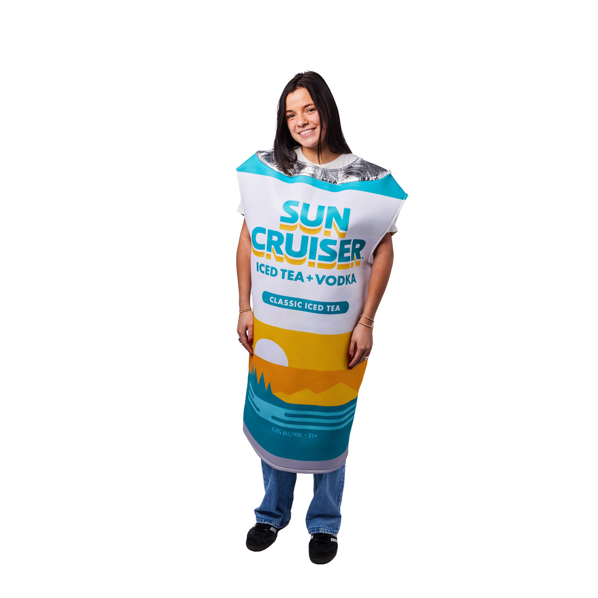 A woman modeling a full-body costume designed to look like a Sun Cruiser iced tea and vodka bottle, featuring a white body with blue, yellow, and orange graphic details, on a solid white background.