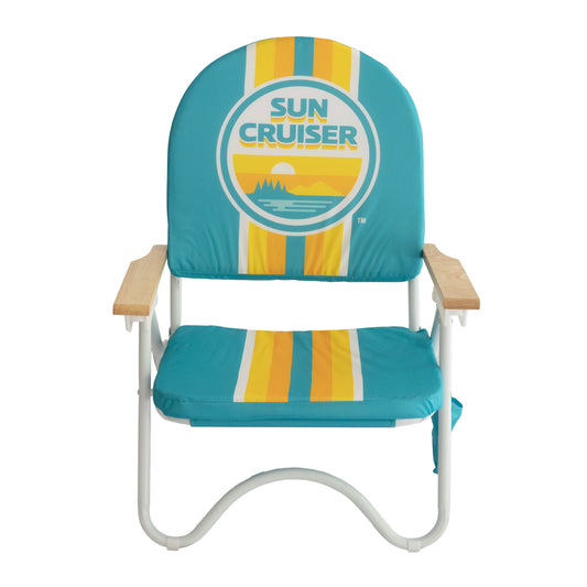 Teal beach chair with retro Sun Cruiser orange, yellow. and white striped pattern and a large circle Sun Cruiser logo 